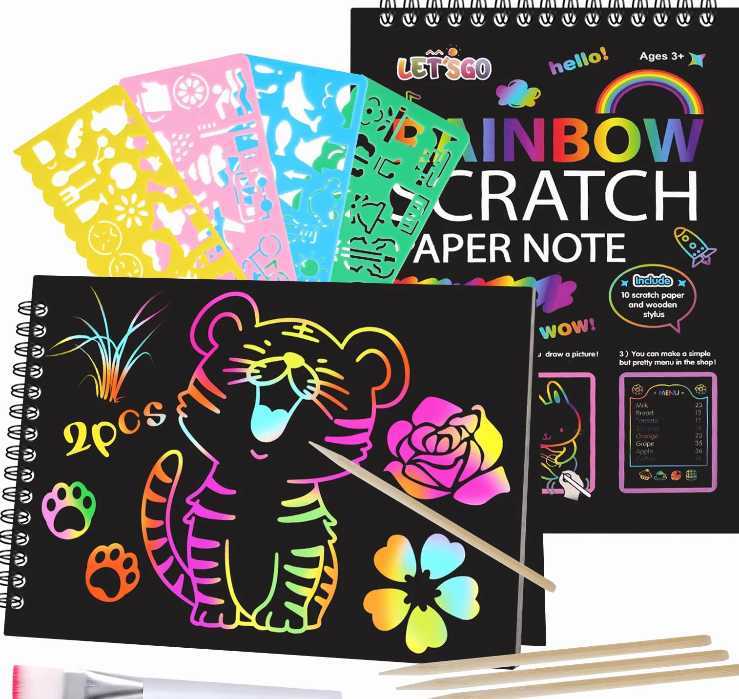 OFFCUP Carte à Gratter 2 Pack Scratch Art Notes Dessin pour Enfant avec 4 Règles de Gabarit et 4 Stylets en Bois 14x20cm