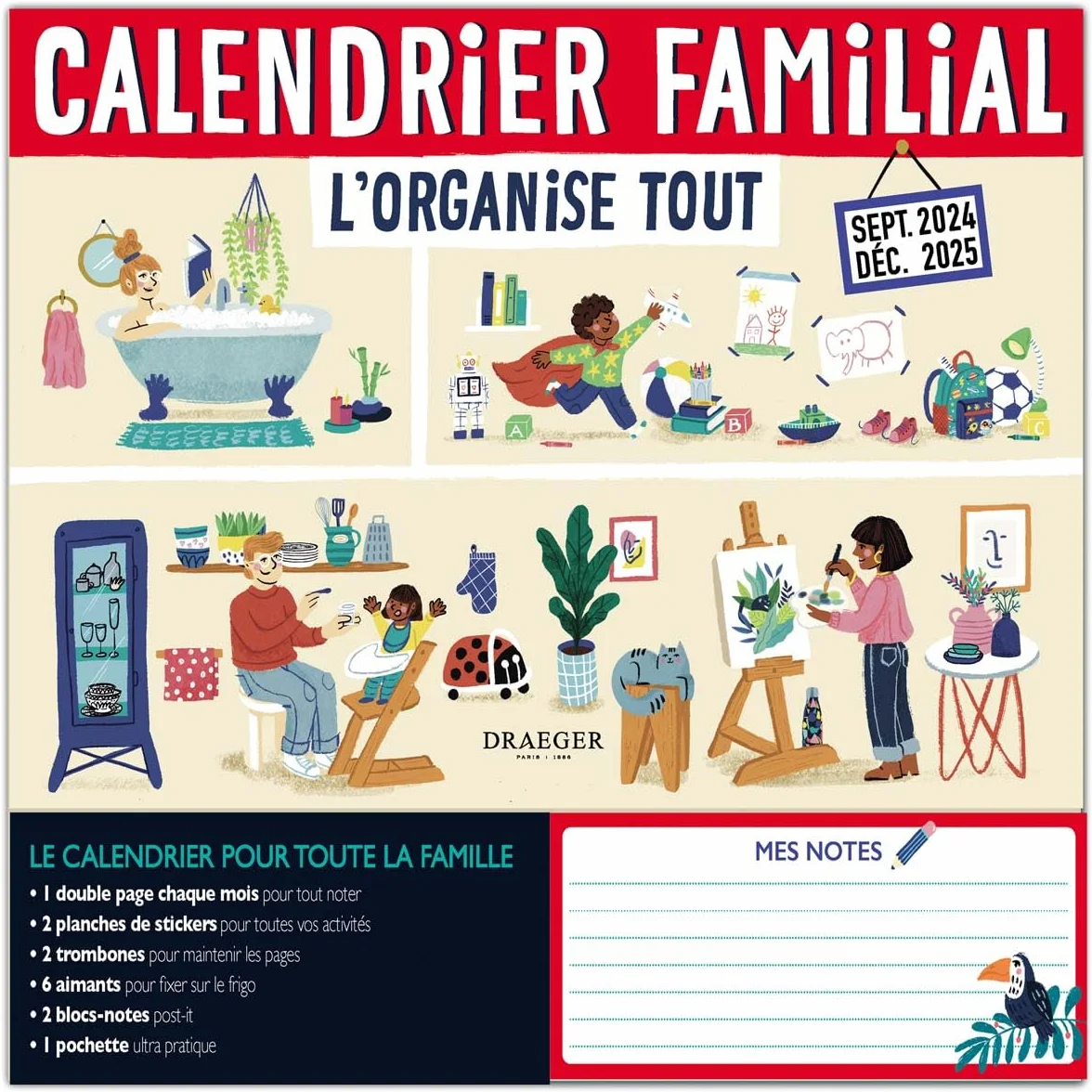 DRAEGER PARIS 1886 Calendrier Familial 2024-2025 16 Mois 28,5x28 cm Organisation Hebdomadaire 5 Colonnes Menus & Courses Stickers Inclus