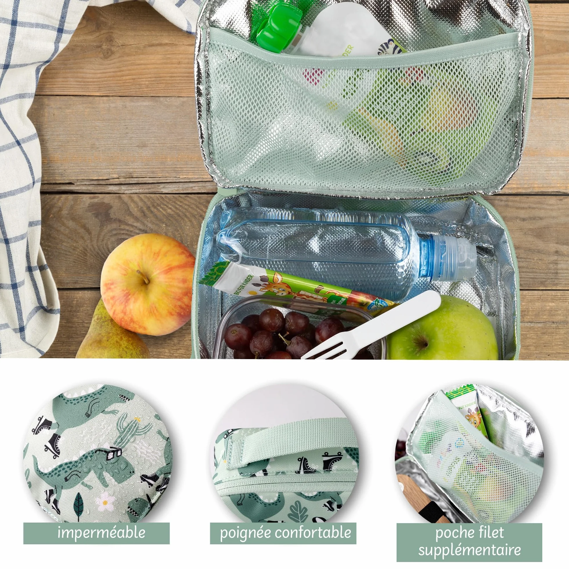Sac Isotherme Repas Enfant Vert Dinosaure 21,5 x 14,5 x 6,5 cm