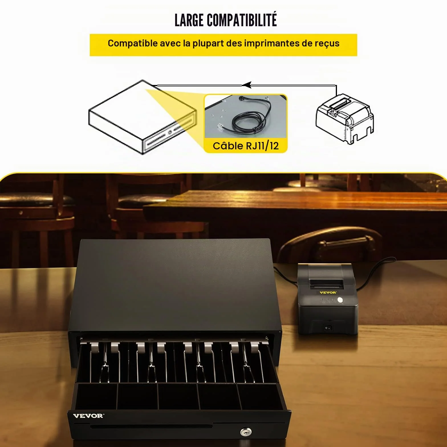 VEVOR Tiroir-Caisse Enregistreuse 33,6 cm Manuel Automatique 4 Billets 5 Pièces RJ11 RJ12 POS
