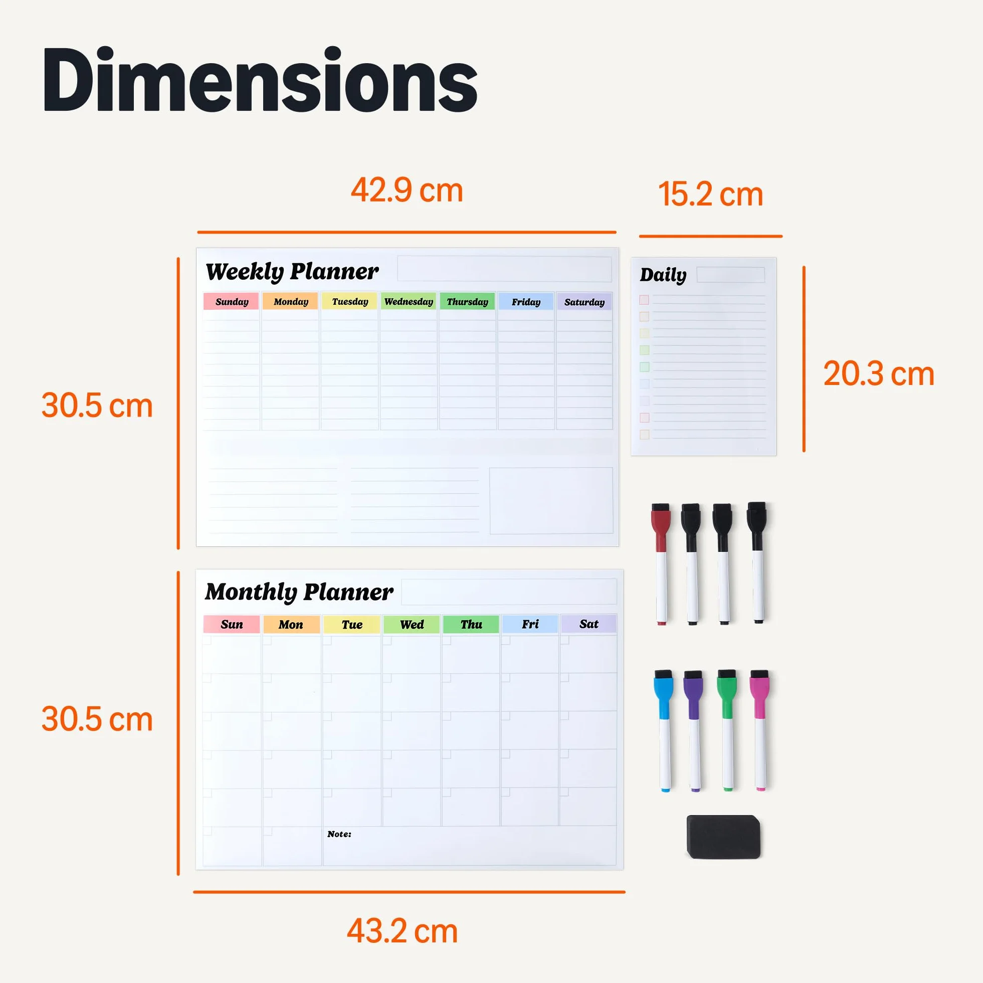 Amazon Basics Lot de 3 Tableaux Blancs Magnétiques Effaçables à Sec, Planning Mensuel Hebdomadaire Quotidien, 8 Marqueurs 1 Effaceur