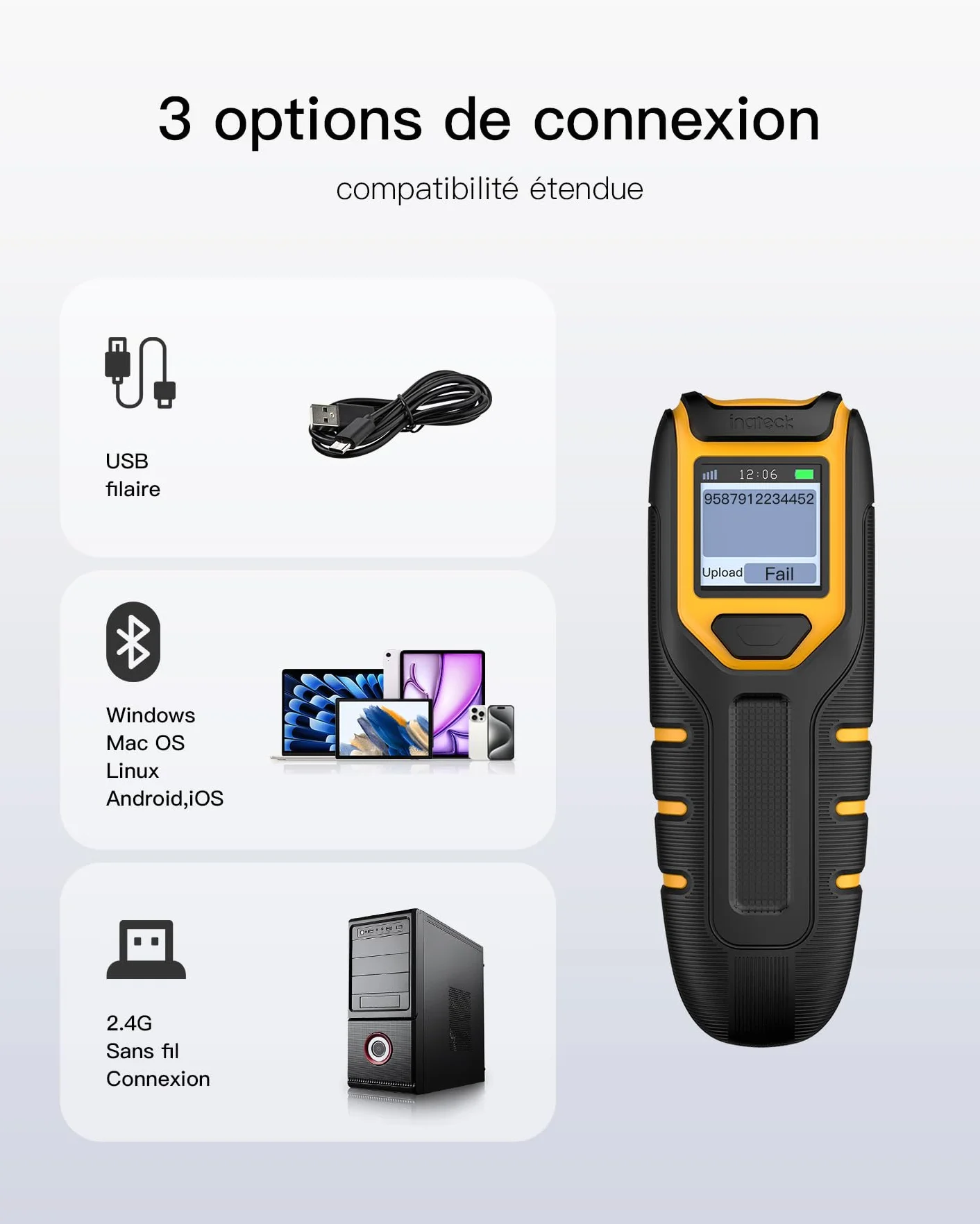 Inateck Lecteur Code Barre sans Fil 2D, Bluetooth QR, 2600 mAh, BCST-47