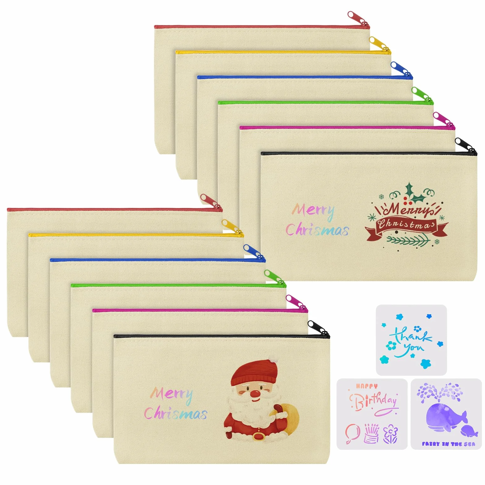 Vicloon Pochette Tissu Zippée 12pcs Trousse de Maquillage en Toile Personnalisable 21x12cm Beige