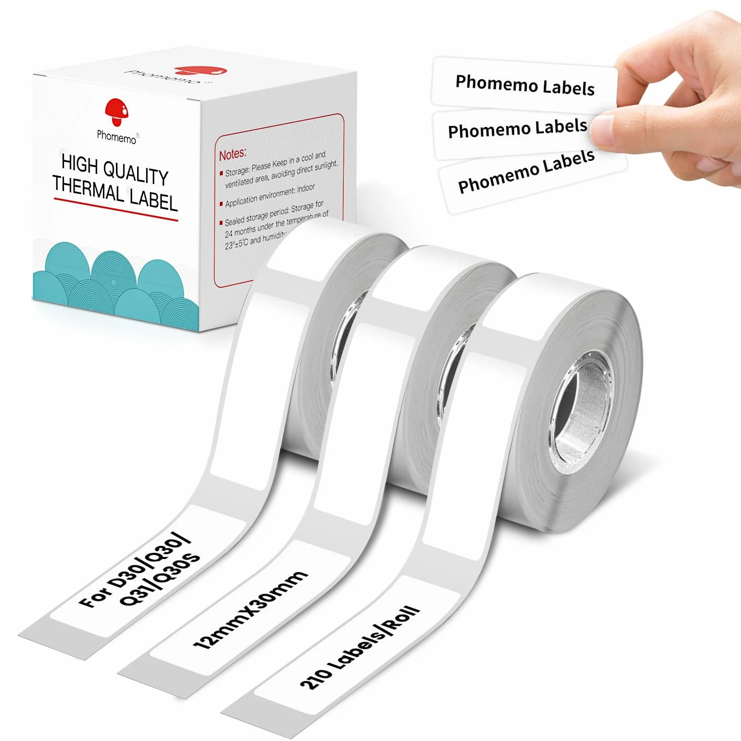 Phomemo D30 Étiquettes Adhésives 12 mm x 30 mm, 3 rouleaux, blanc