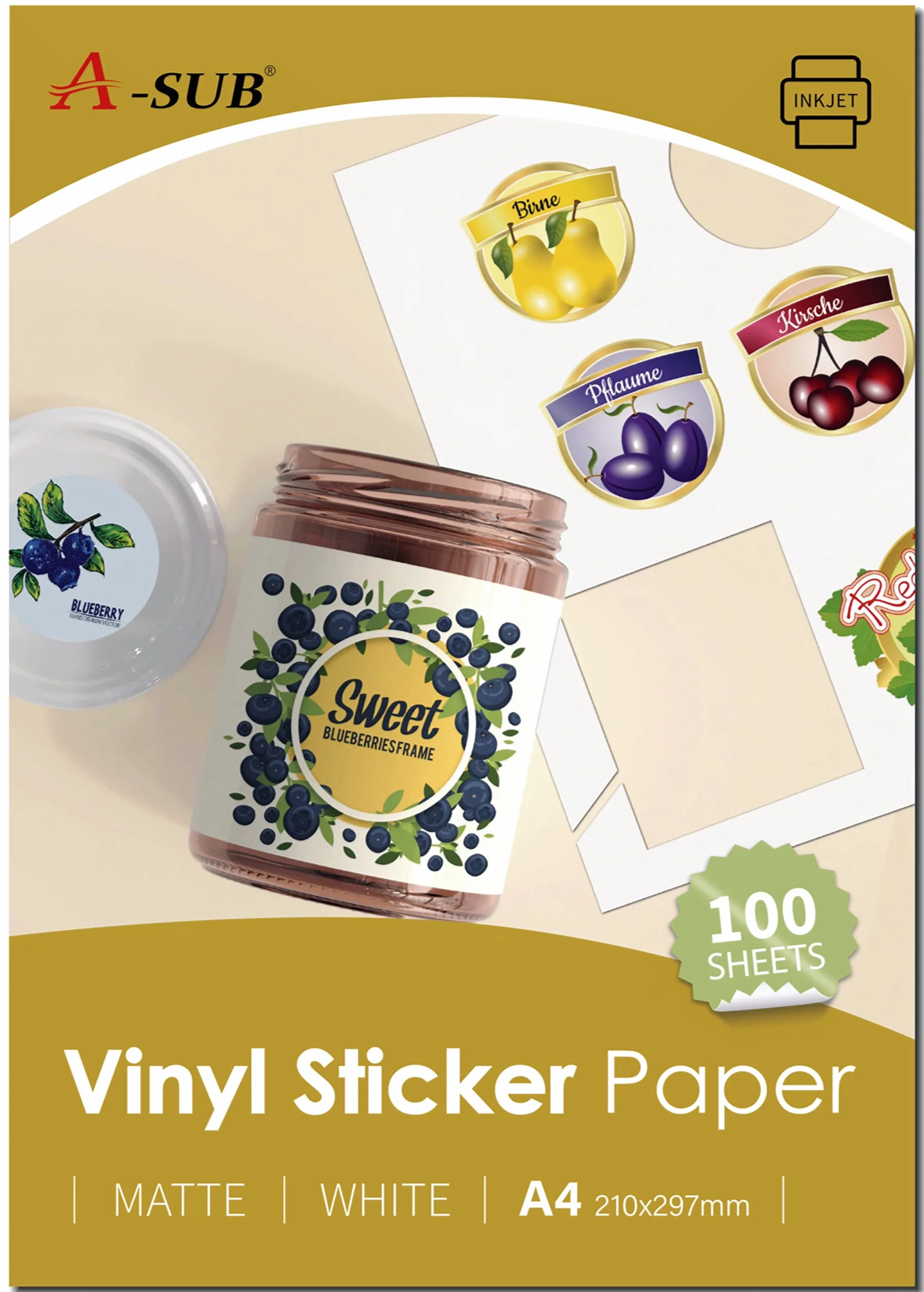 A-SUB Papier autocollant vinyle imprimable imperméable blanc mat A4 100 feuilles