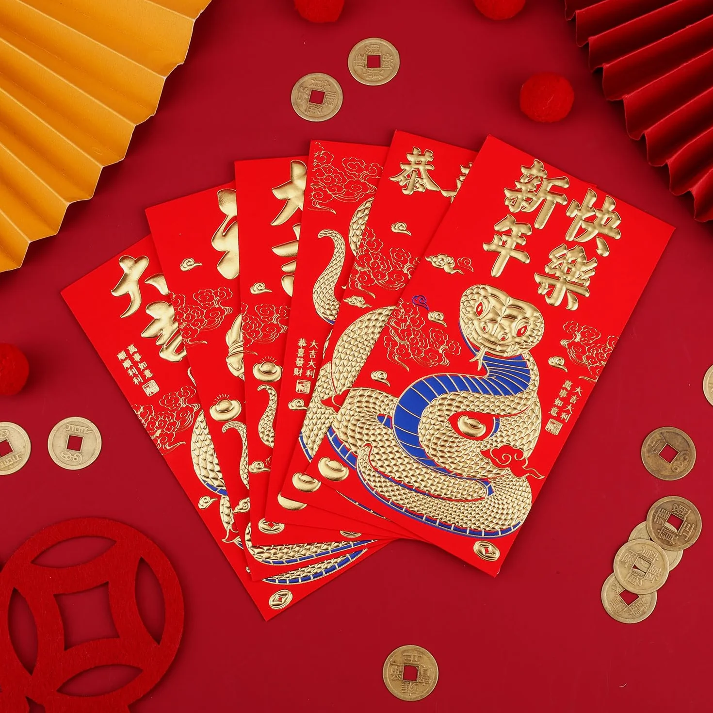 Enveloppes Rouges du Nouvel An Chinois 2025 Serpent Hong Bao 16,8x9cm 36pcs avec 50pcs Monnaie Feng Shui 6 Motifs Relief Dorés
