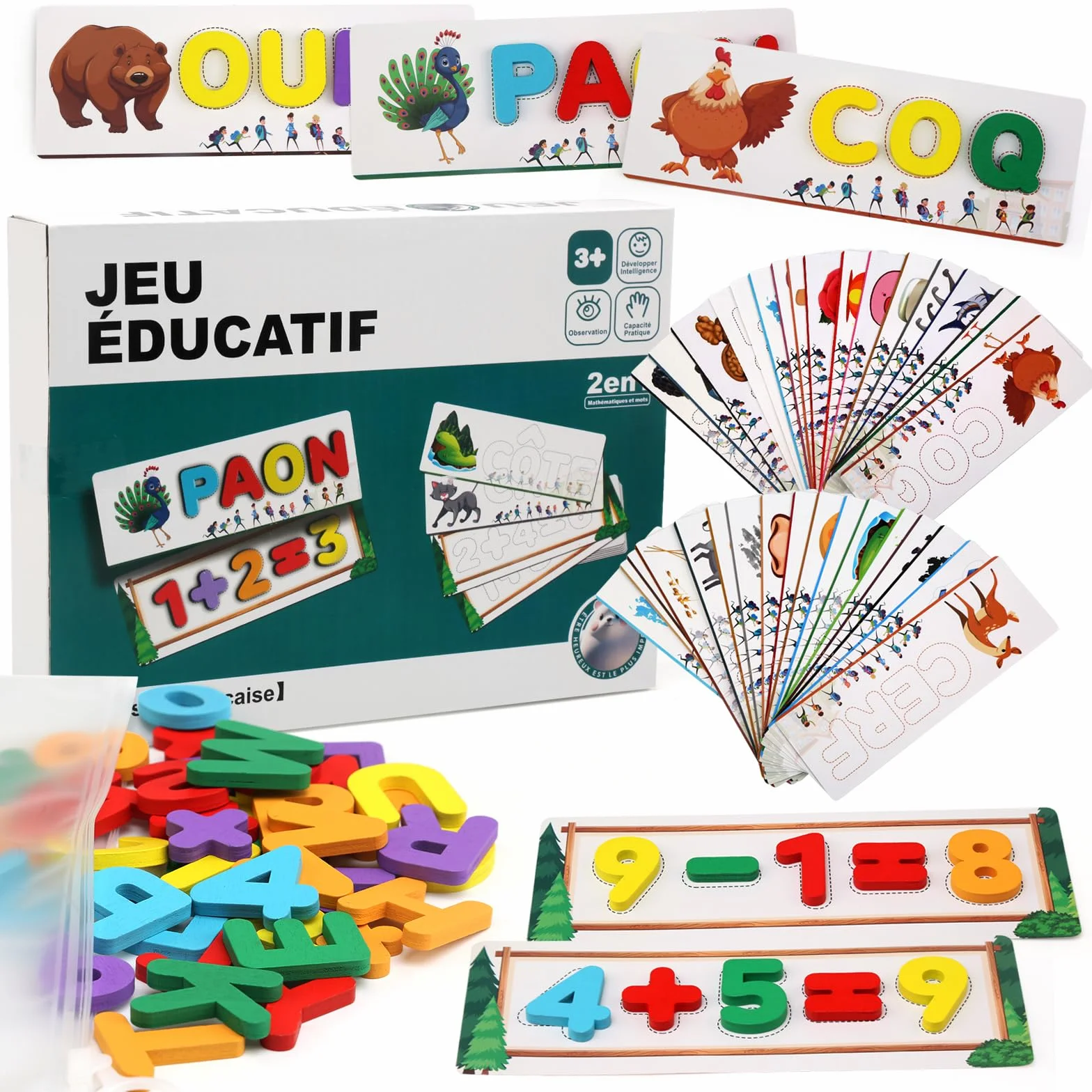 Felly Jouet Enfant 2-5 Ans, Jeux Educatif d'Orthographe Française, 2 en 1 Montessori Apprenez à Lire Lettres et Arithmétique