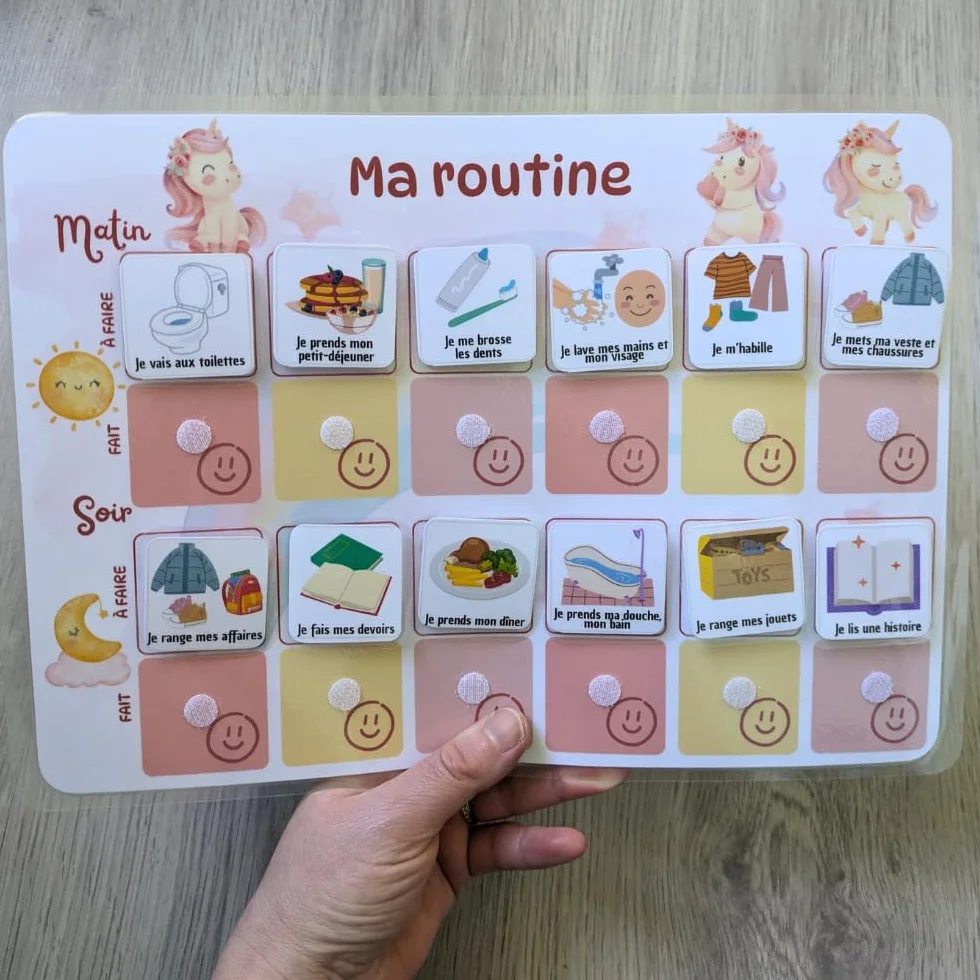 Licorne Tableau routine enfant Planning matin soir Calendrier tâches rituels 30 étiquettes