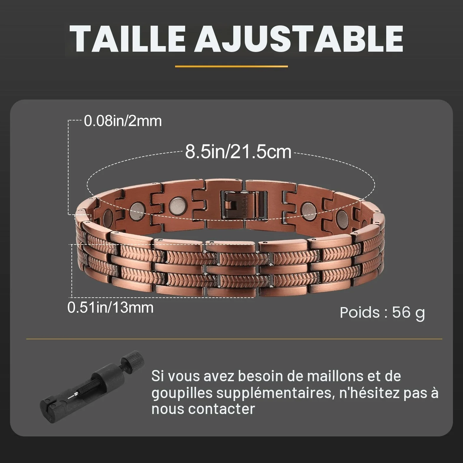 BioMag Bracelet magnétique en cuivre pour homme, 21,8 cm réglable