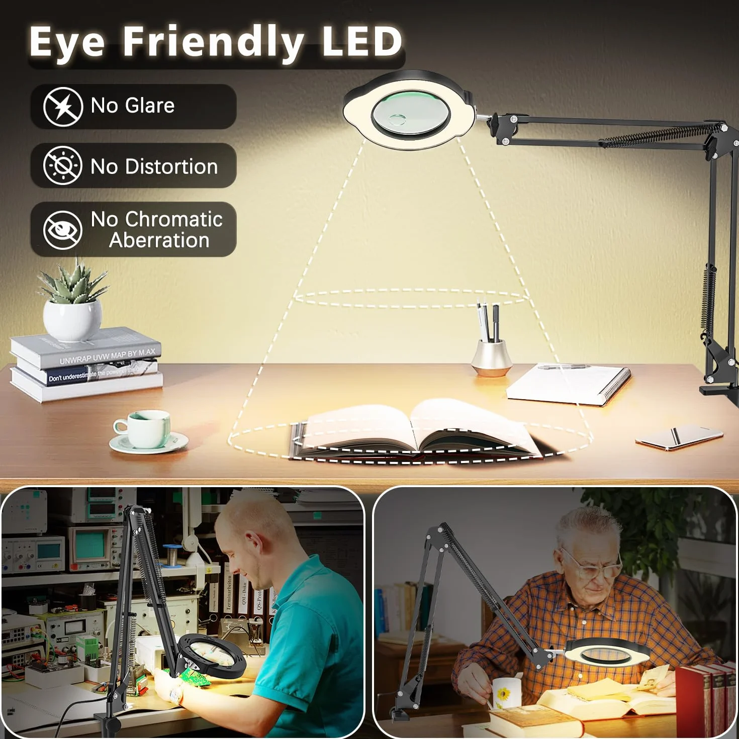 Lampe de Bureau Loupe 15X 10X LED avec Pince et Bras Pivotant, 5 Modes de Couleurs Réglables