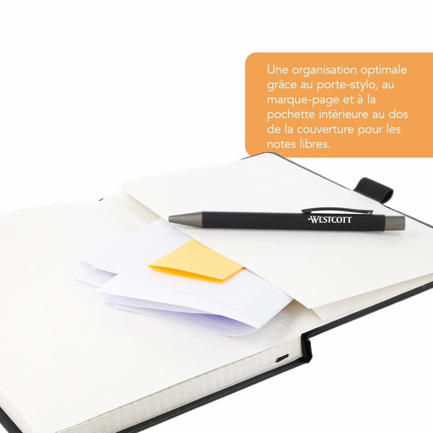 Westcott Carnet de notes DIN A5 quadrillé 192 pages 80 g/m² papier FSC-Mix avec poche intérieure marque-page porte-stylo