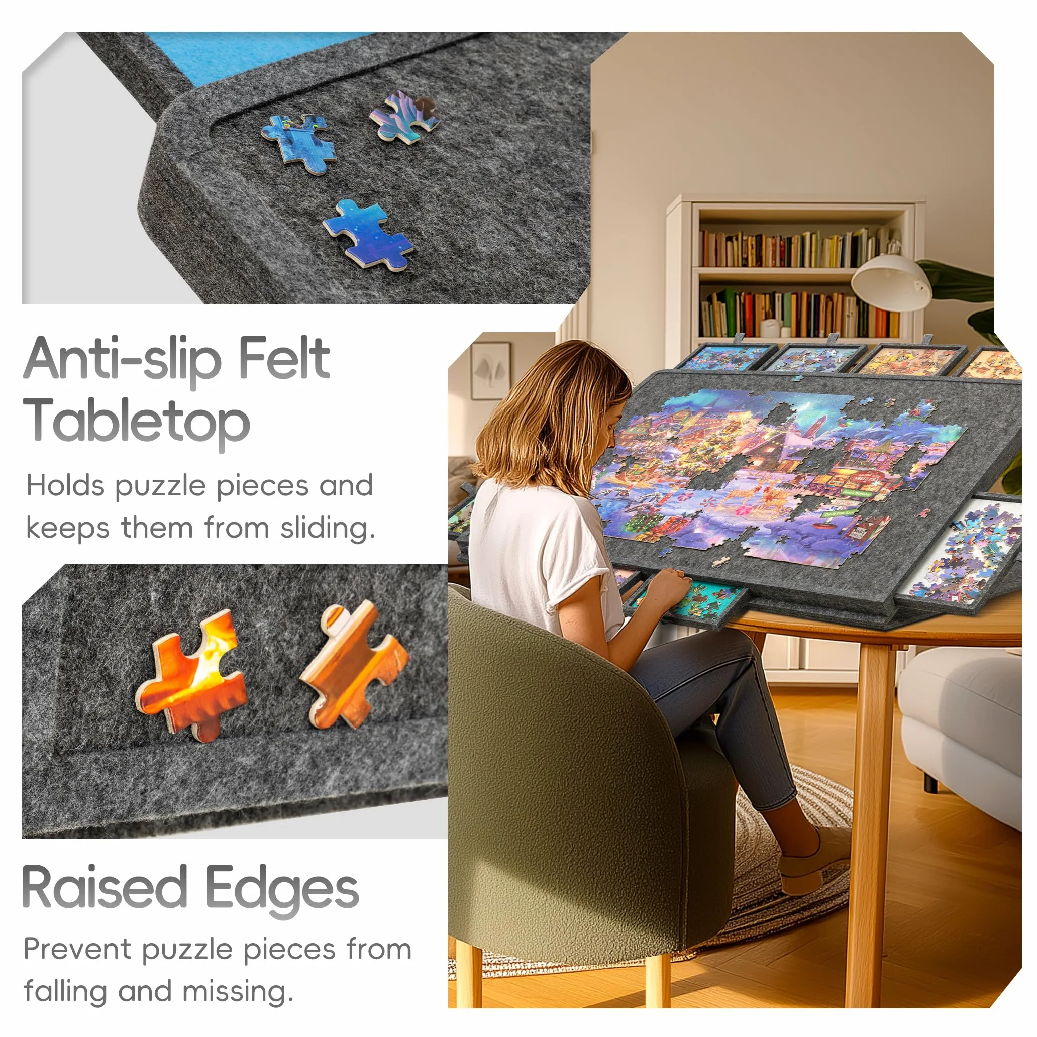 Plateau de puzzle inclinable de 1 500 pièces avec 8 tiroirs et couverture, table de puzzle réglable à 3 angles avec chevalet intégré, plateaux de jeu légers et portables avec rangement (1500
