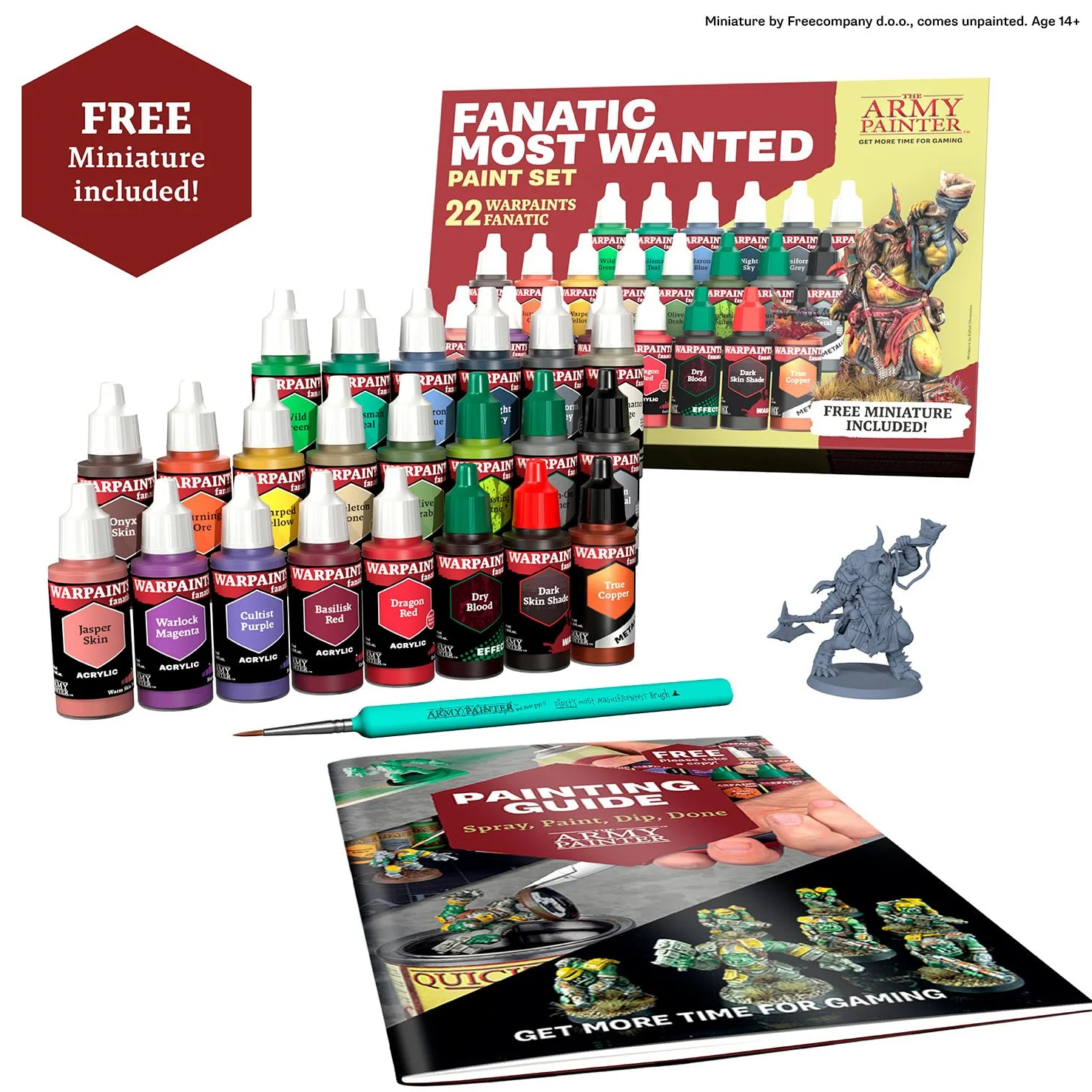 The Army Painter, Warpaints Fanatic Most Wanted Combo Set, 22 x 18 ml | Teintes de peau, métalliques, effets, lavis, apprêt, 1 pinceau & 1 figurine, D&D & Warhammer