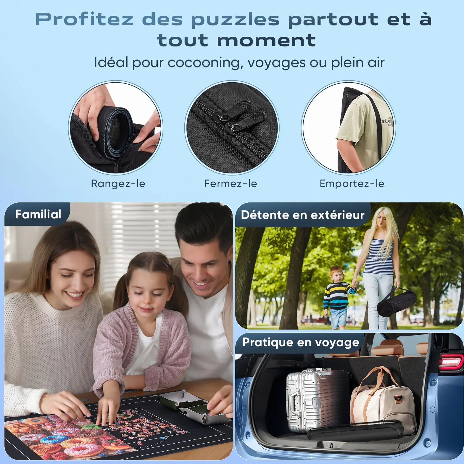 Tapis Puzzle 1500 pièces Surface Lisse Polyester Base antidérapante Caoutchouc Rouleau Mousse 6 Plateaux classement Sac Transport