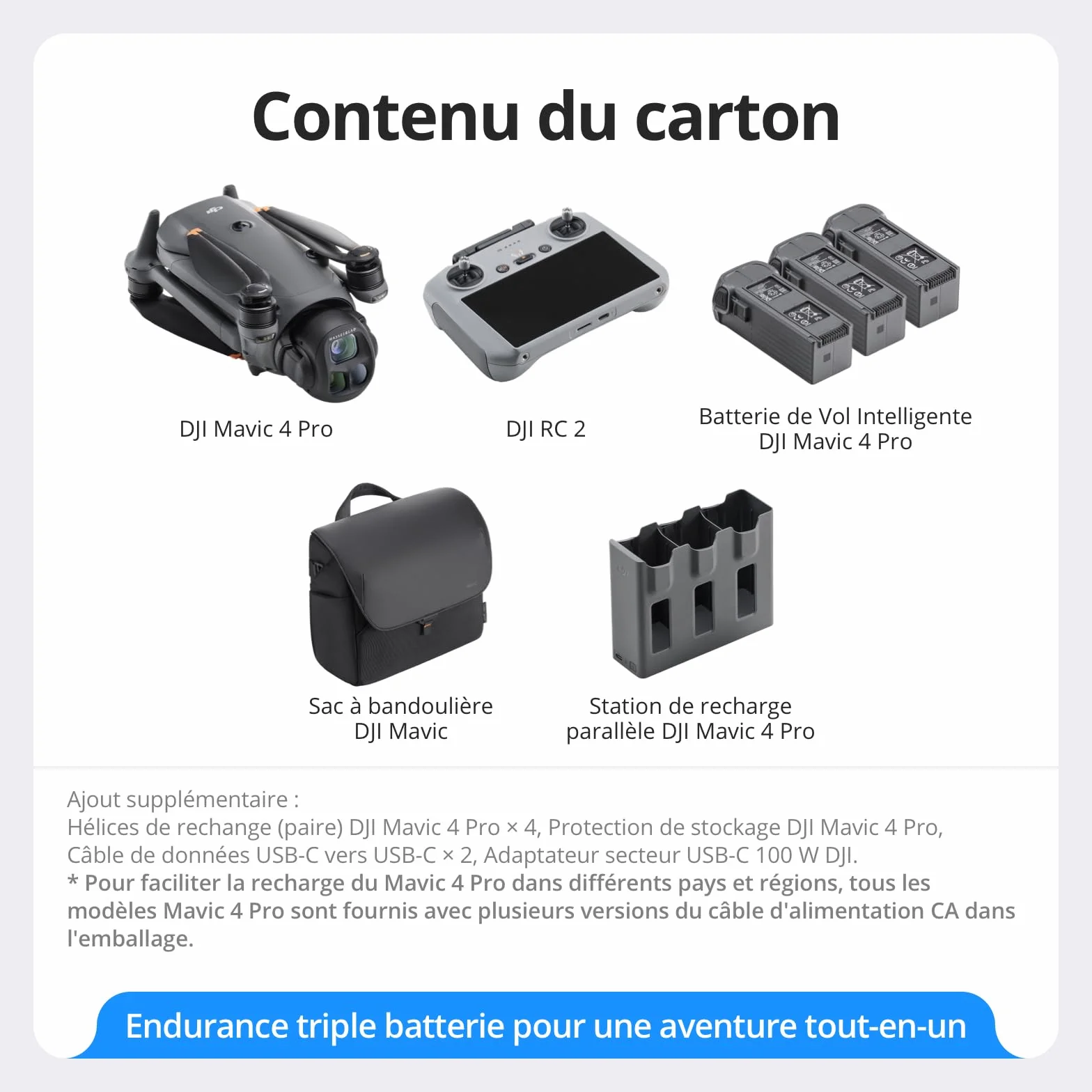 DJI Mavic 4 Pro Fly More Bundle avec RC 2, Drone Triple Caméra Hasselblad CMOS 4/3 100MP, Transmission 30km, Autonomie 51min