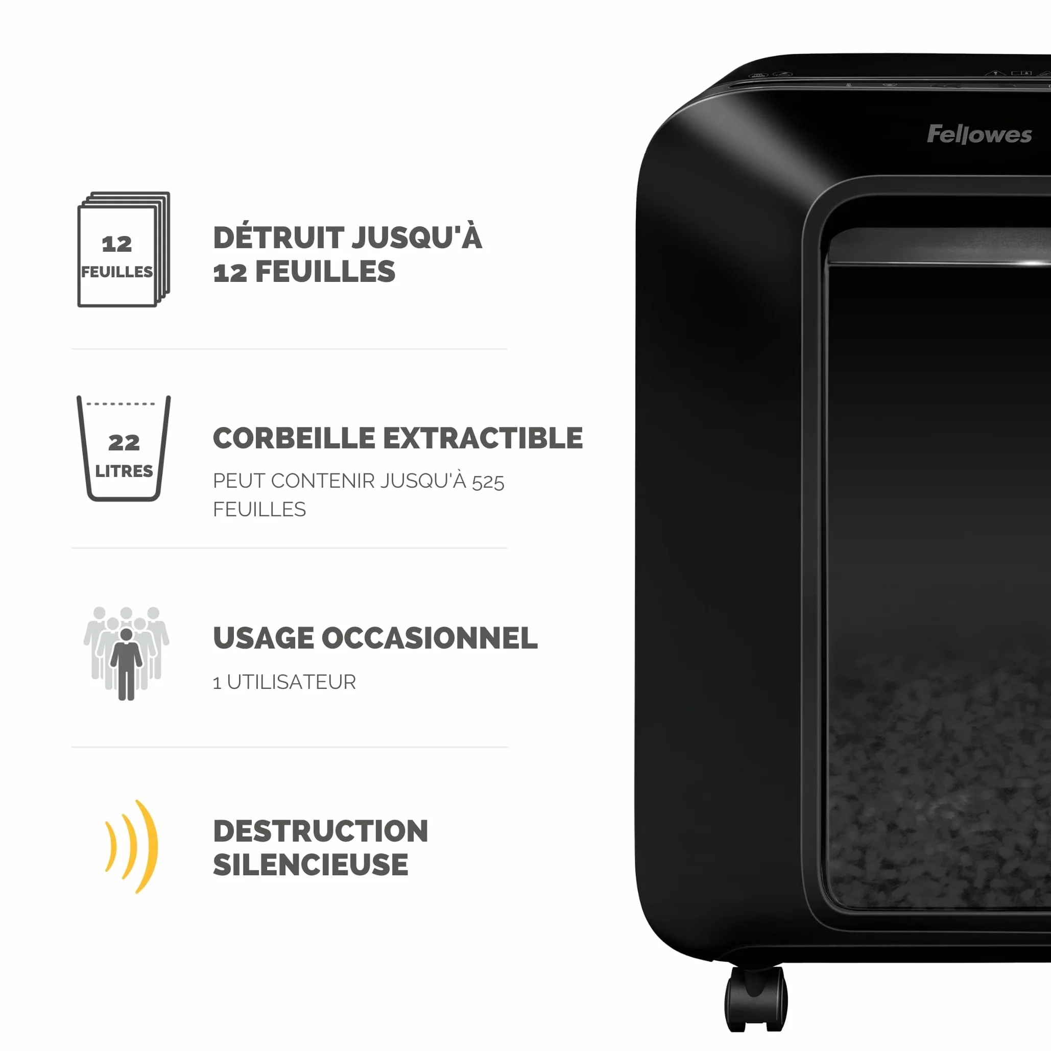 Fellowes Powershred LX201 Destructeur de Documents Coupe Micro 12 Feuilles Technologie SafeSense Noir