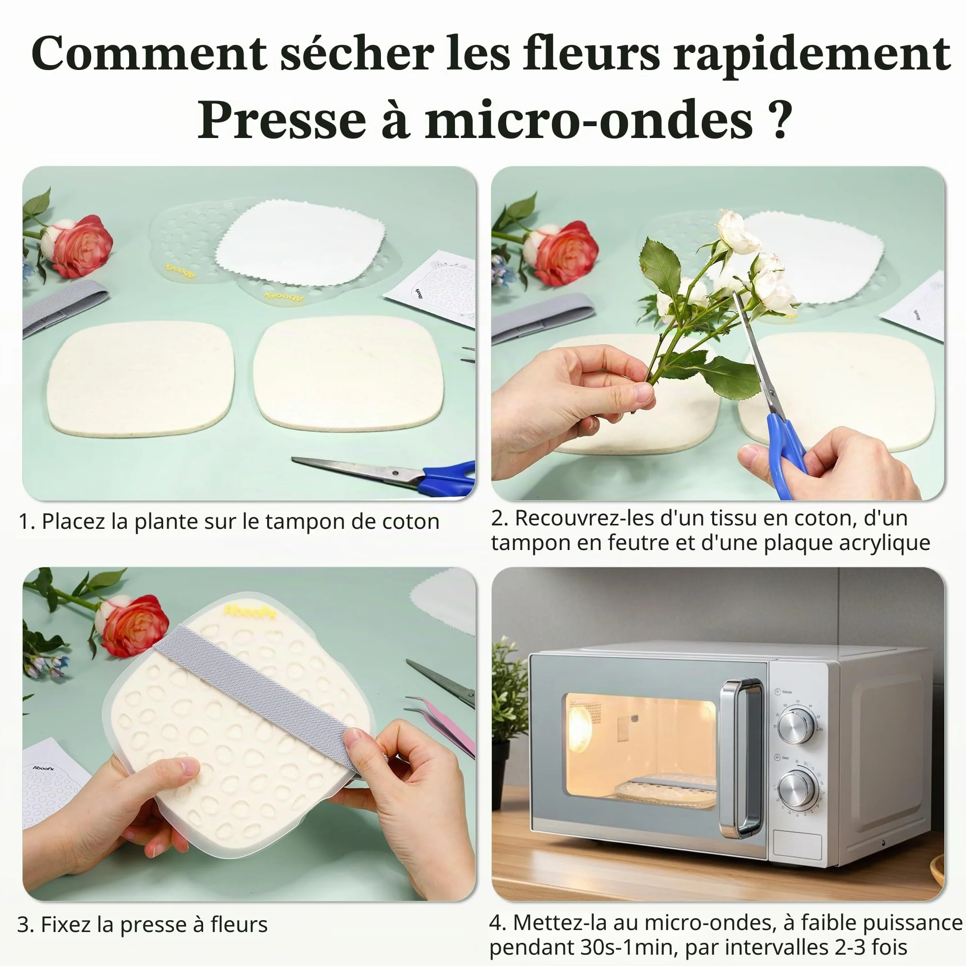 Kit de Presse à Fleurs Micro-ondes Séchage Rapide 16x16 cm Aboofx avec Tissu Lavable, Préservation Rapide de Bouquet de Mariage