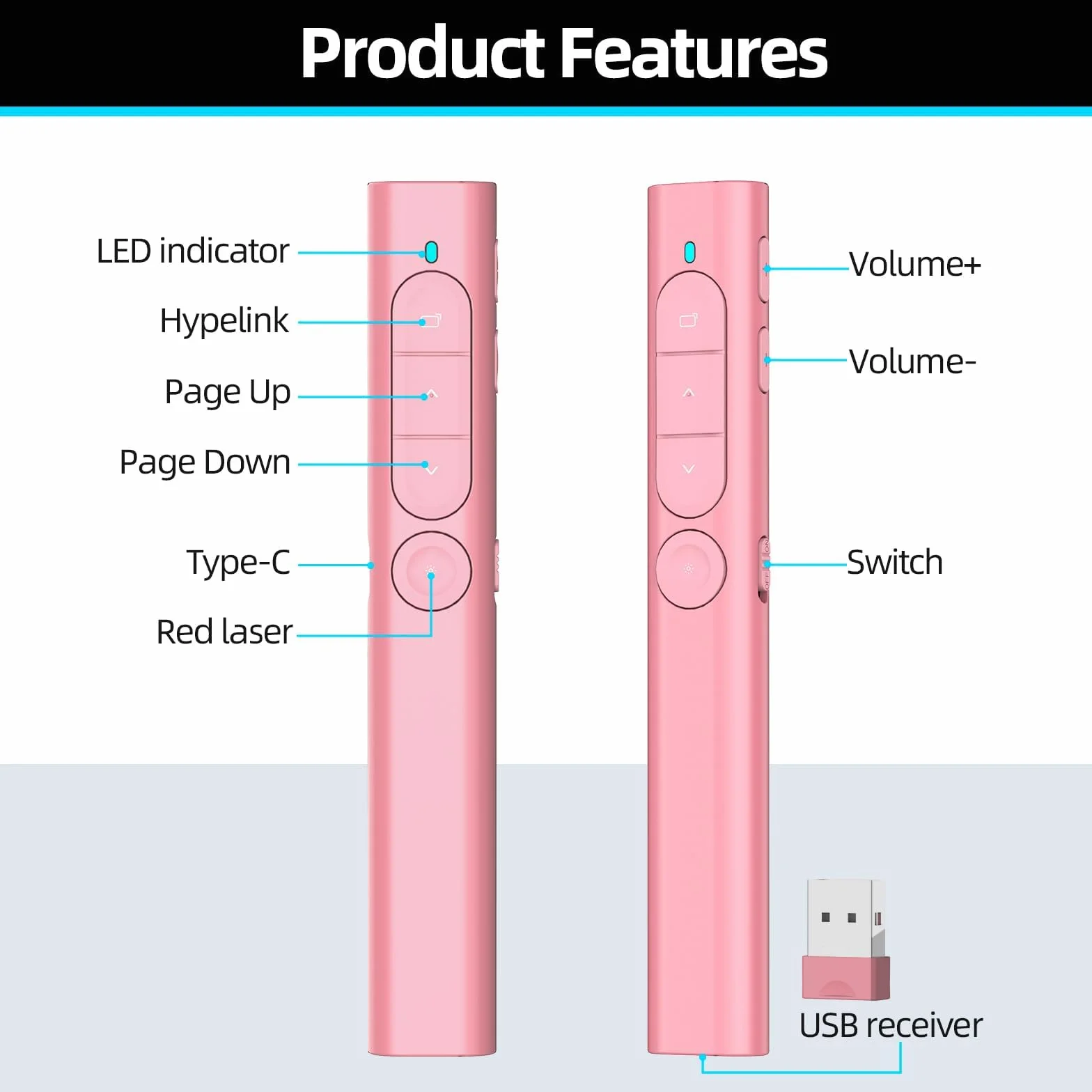 Télécommande Présentation Sans Fil Rechargeable avec Hyperlien & Contrôle Volume, Compatible Mac PC Ordinateurs Portables (Rose)