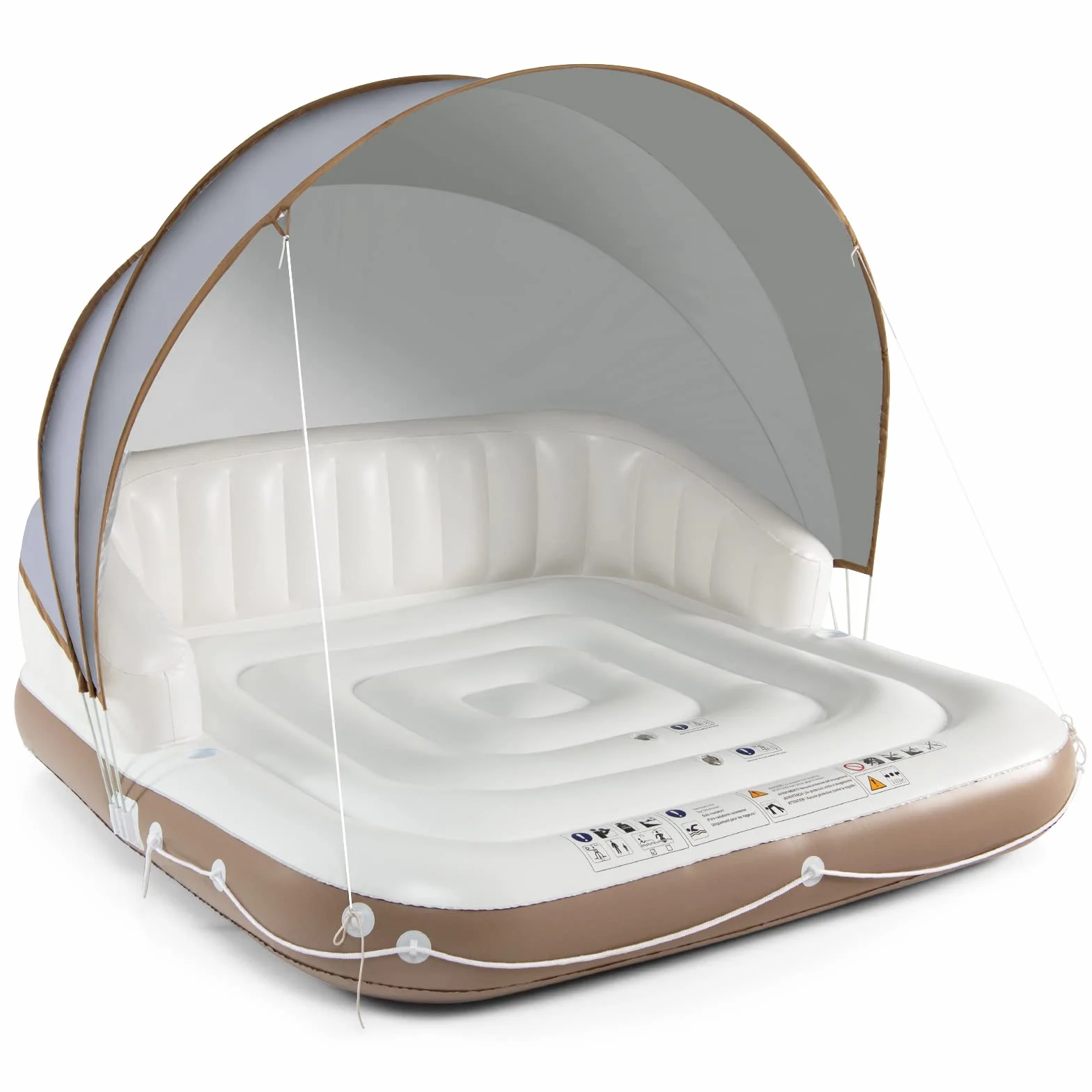 KOMFOTTEU Matelas Gonflable Lounge avec Auvent Rétractable 200KG Flotteur Piscine 2 Places UPF50+ Île Flottante 180x180x160CM