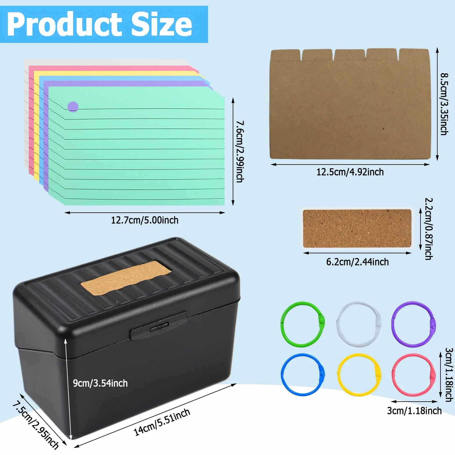 Kit de Boîte à Fiches 313 Pièces avec Boîte Noire, 300 Fiches, 5 Intercalaires