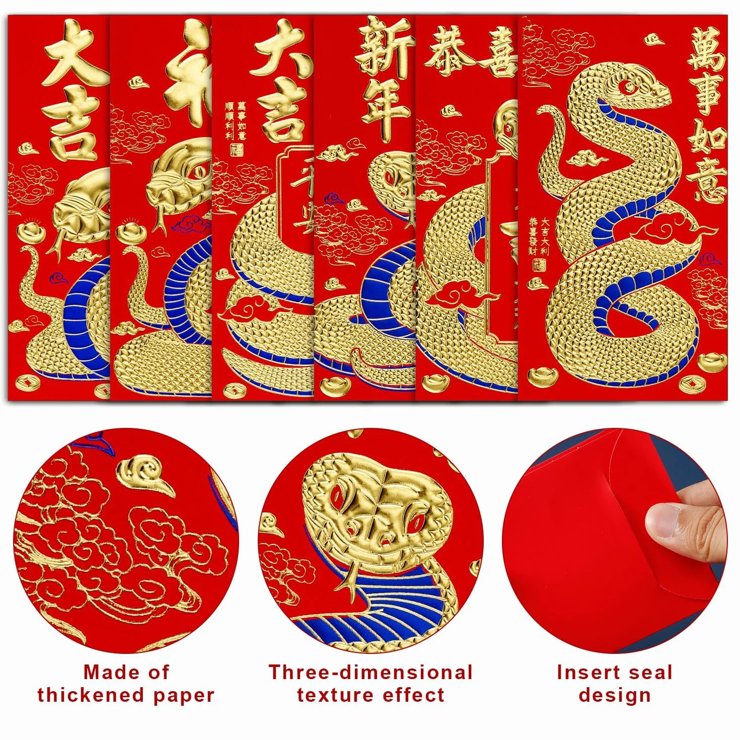 Enveloppes Rouges du Nouvel An Chinois 2025 Serpent Hong Bao 16,8x9cm 36pcs avec 50pcs Monnaie Feng Shui 6 Motifs Relief Dorés