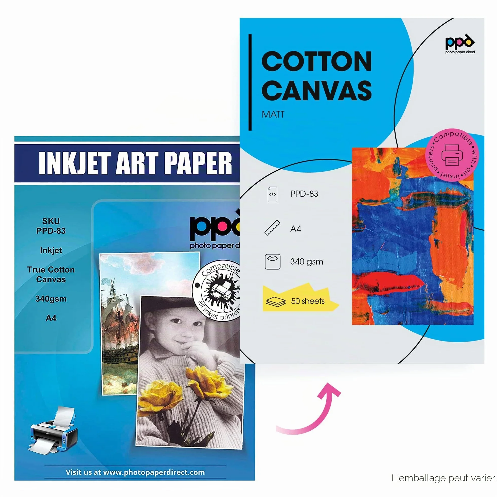 PPD 50 Feuilles A4 Toile Canevas Beaux-Arts Imprimable Jet d'Encre 100% Coton 340g Papier Photo Texturé