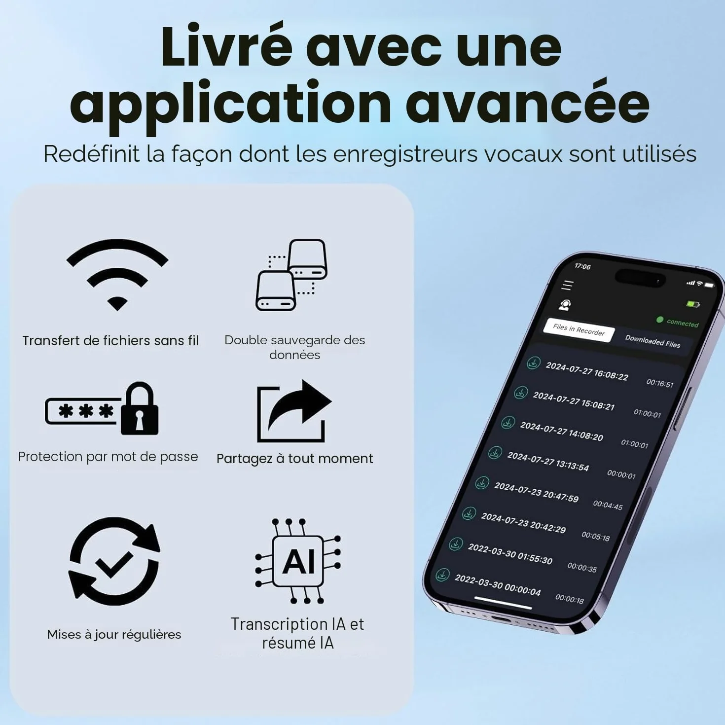 Enregistreur Vocal Numérique IA 64 Go avec ChatGPT 4o, Dictaphone Magnétique pour Transcription 102 Langues, Noir