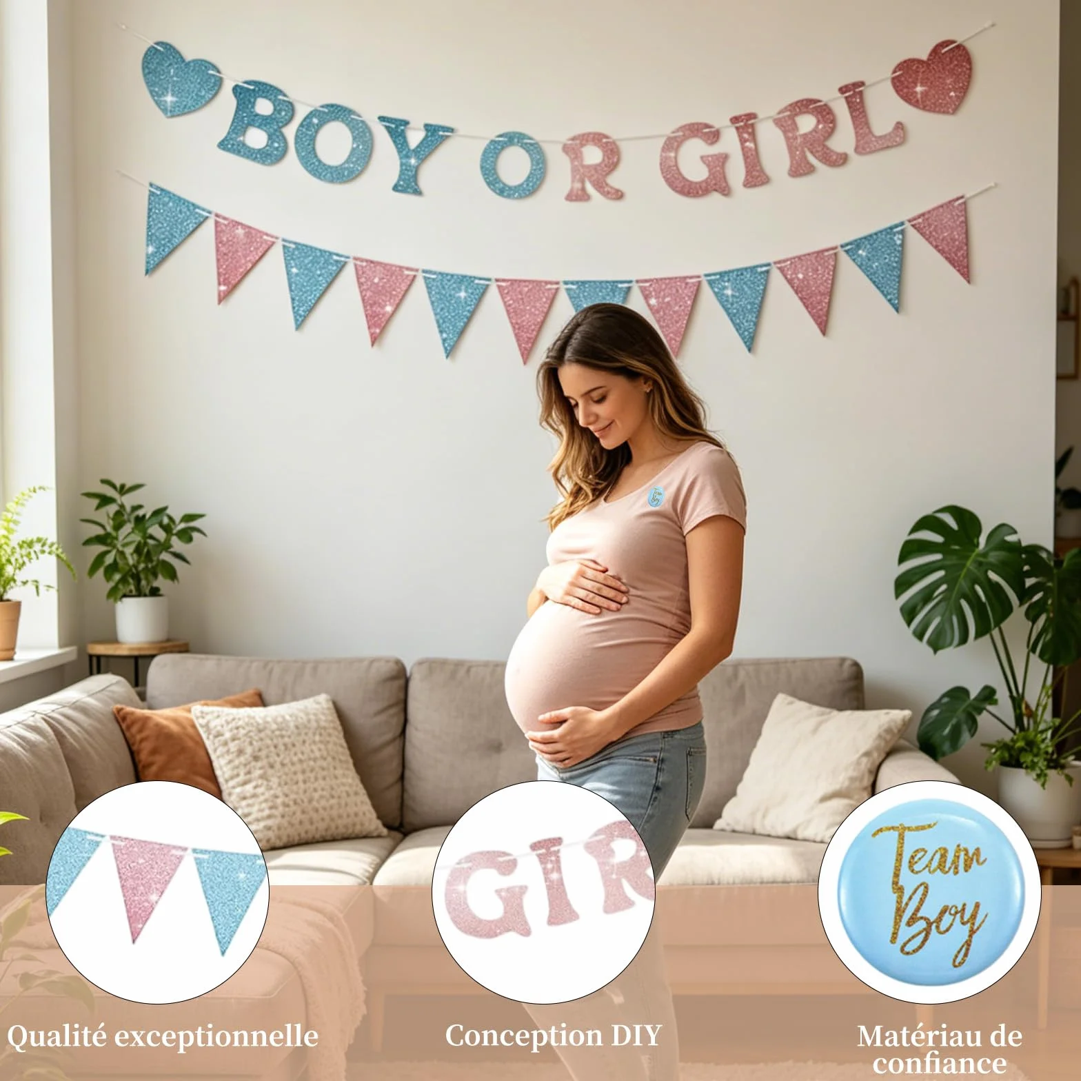 Guirlande Gender Reveal 3 m avec Fanions Cœurs 30 Badges Team Boy Girl Décor Rose Bleu Brillant Baby Shower