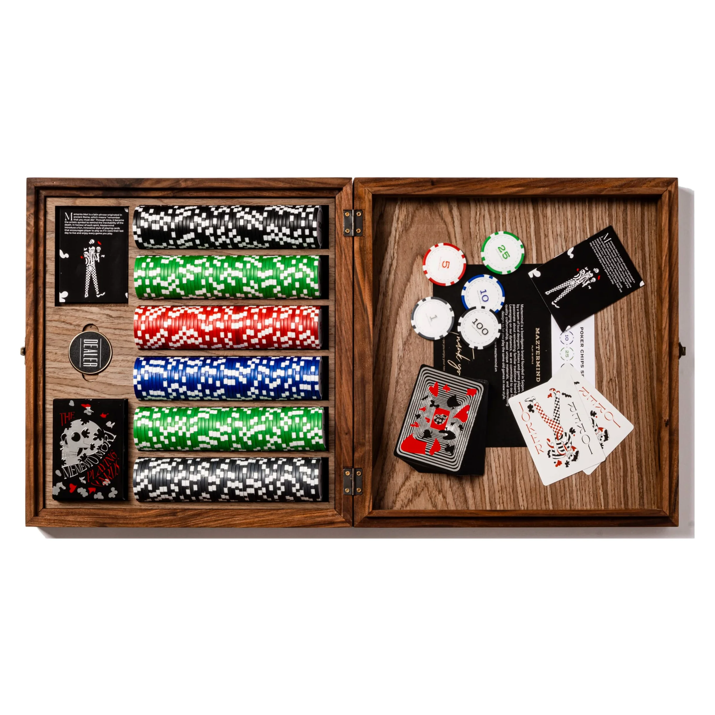 BOWTIE Ensemble de poker en bois avec cartes à jouer, 300 jetons de poker lestés professionnels avec étui en bois de noyer, cadeau unique pour Texas Hold'em, Blackjack, jeux de casino, Memento Mori