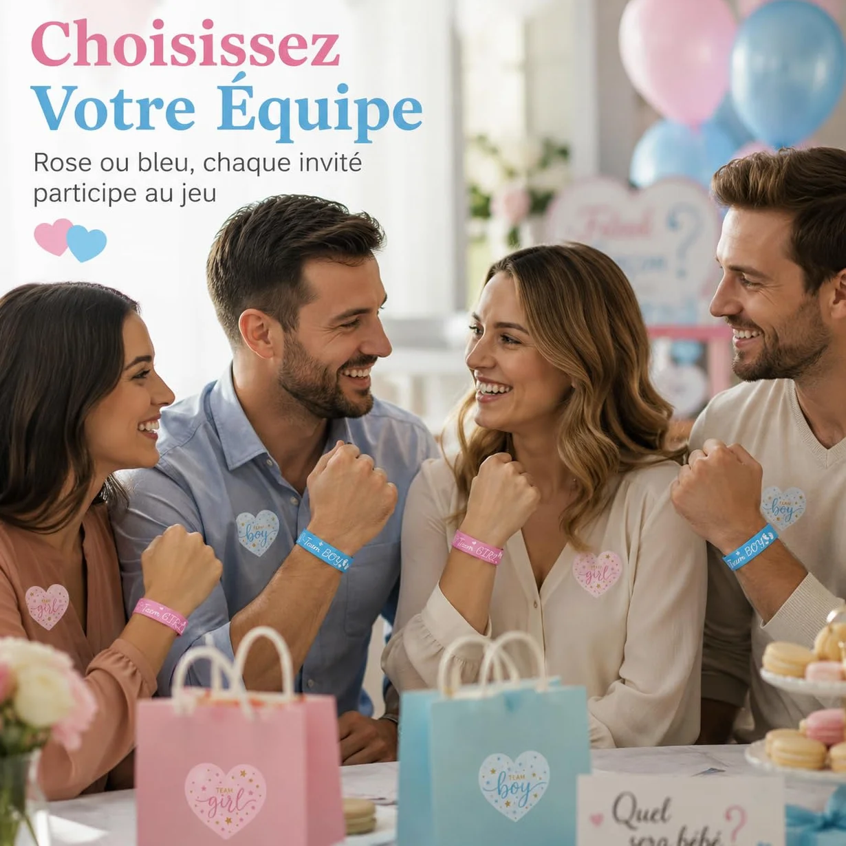 Kit de Révélation de Genre 60 Pièces avec Bracelets Silicone et Autocollants Cœur pour Annonce Grossesse