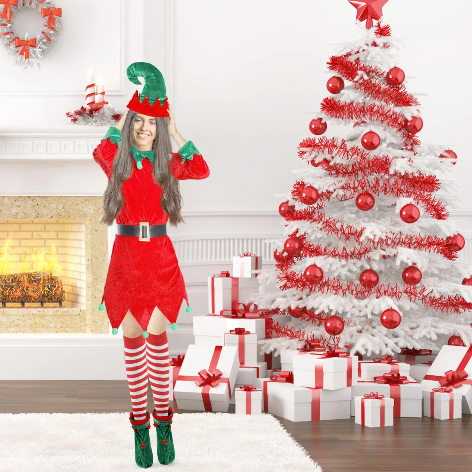 Ensembles de Costume Elfe de Noël avec Chapeau, Chaussettes Rayées et Chaussures Cloche