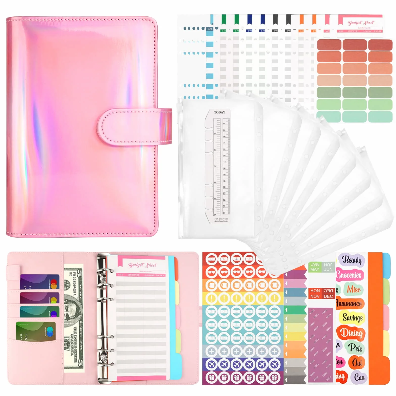 LTZGO Budget Planner Classeur A6 Cuir PU Organisateur Budget 8 Pochettes 40 Tableaux Rose