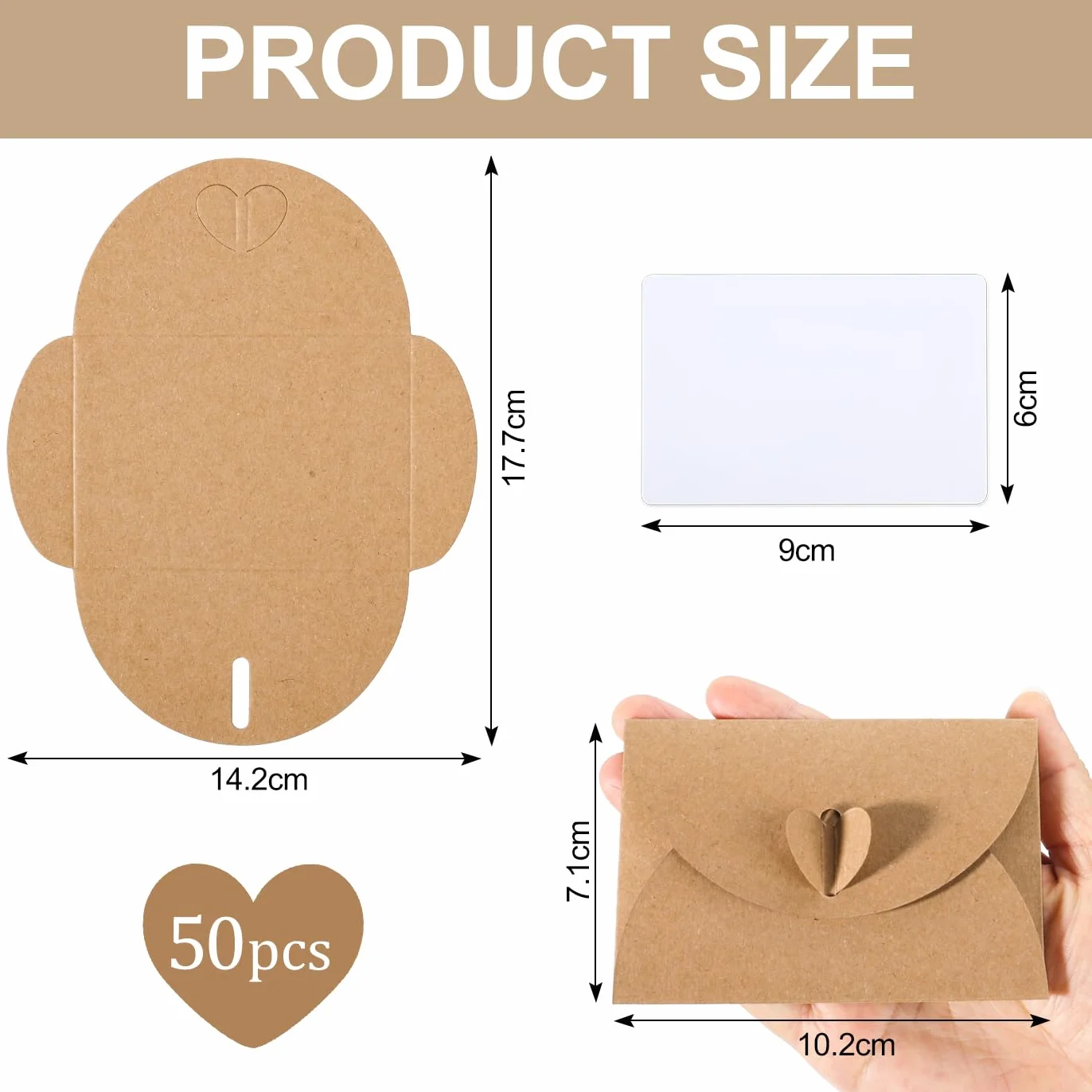 Enveloppes en papier kraft vintage avec fermeture cœur - Lot de 50 avec cartes vierges pour mariage, remerciement