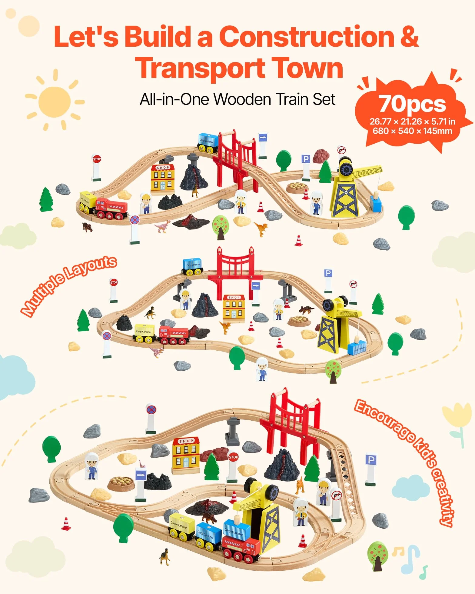 VEVOR Circuit de Train Bois Enfants 70 PCS Ensemble Rails, avec Grue Magnétique, Compatible Grandes Marques