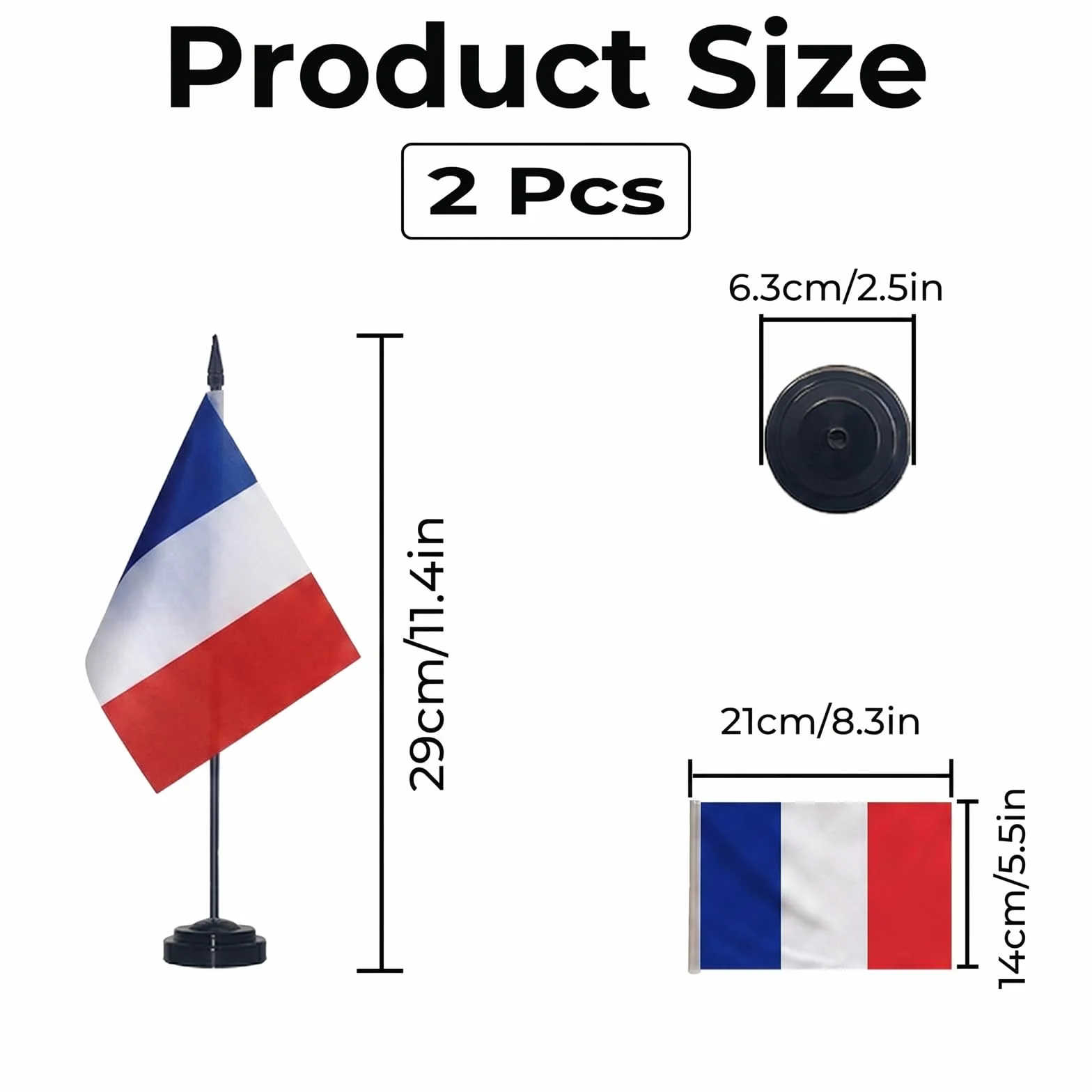 Drapeaux de Table France Lot de 2, 21 x 14 cm, Mini Drapeaux en Polyester avec Mât et Socle Plastique