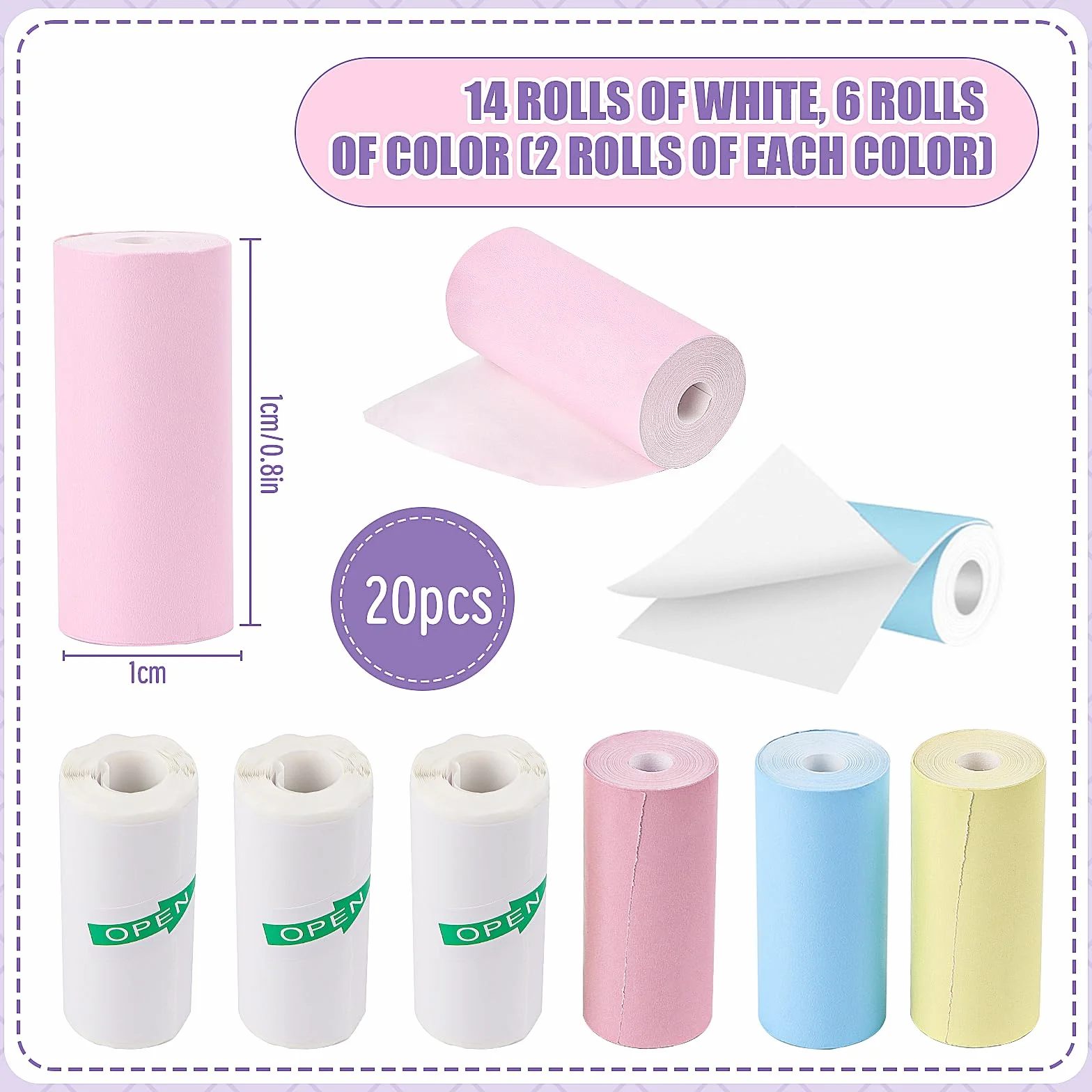 Lot de 20 rouleaux d'autocollants pour mini imprimante, papier thermique blanc et multicolore pour appareil photo enfant