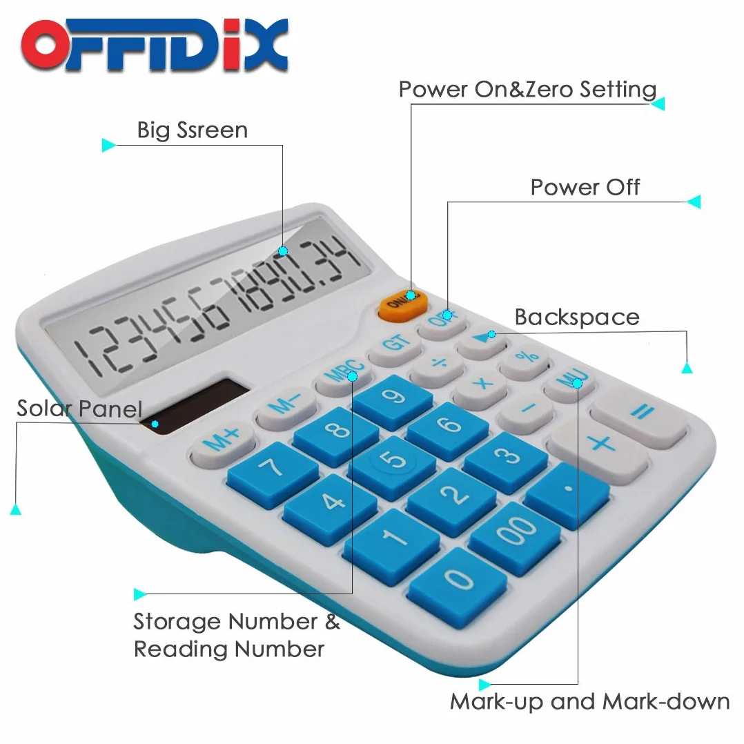OFFIDIX Calculatrice Bureau Solaire et Batterie 12 Chiffres Grand écran LCD Bleu