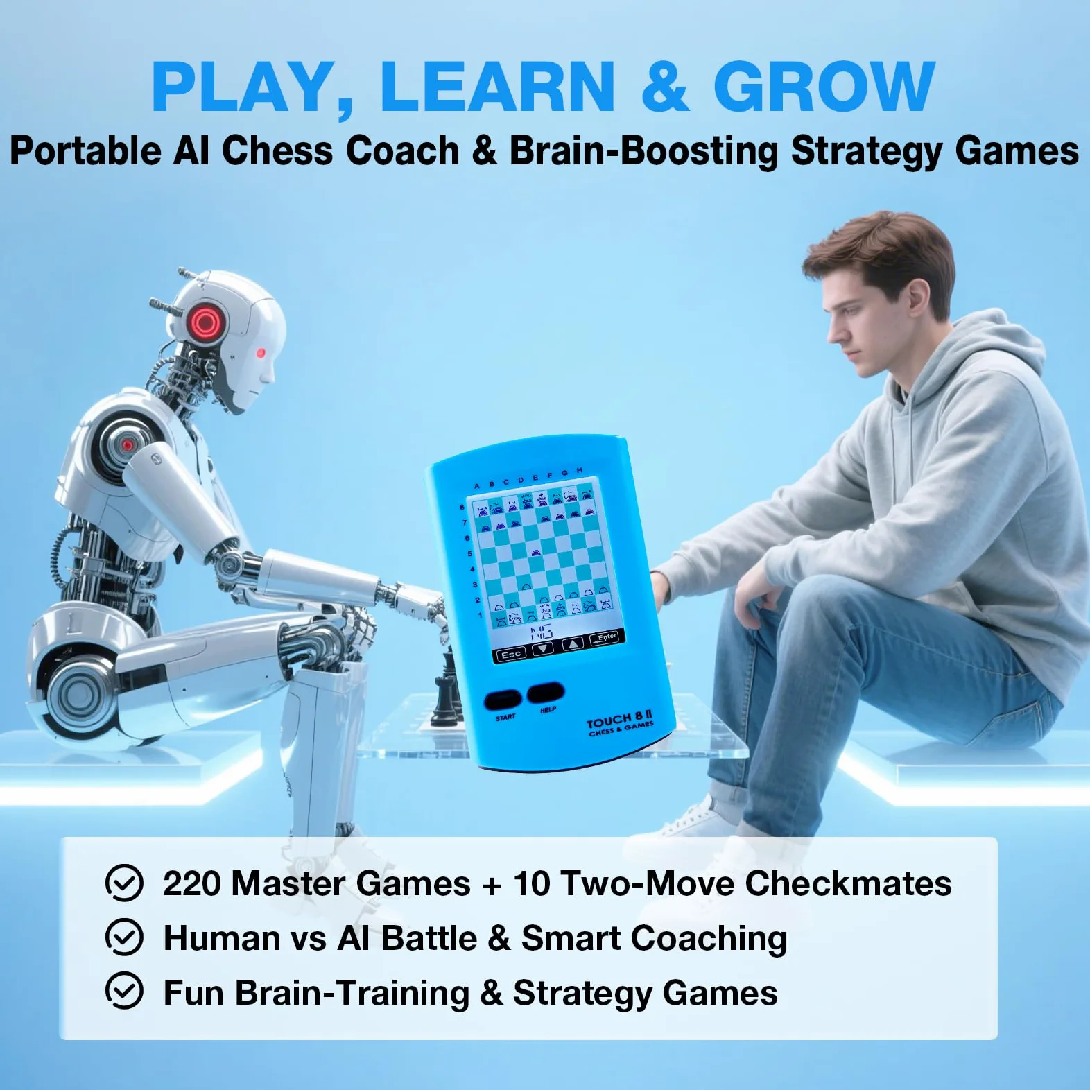 Échiquier électronique portable, ordinateur d'échecs tactile 8 en 1 avec entraînement IA, écran HD de 7,4 cm, jeu d'échecs de voyage portable pour enfants et adultes, plus de 220 jeux de