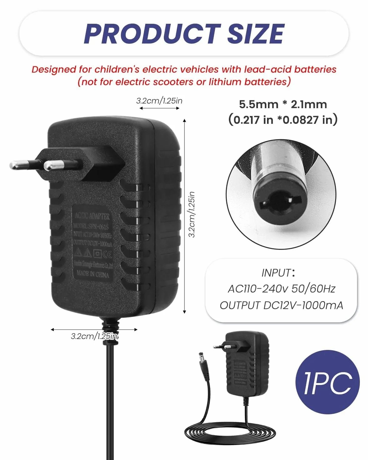 Chargeur Voiture Electrique Enfant 12V 1A 1000MA 1.5 mètre Pour Batterie Moto SUV VTT