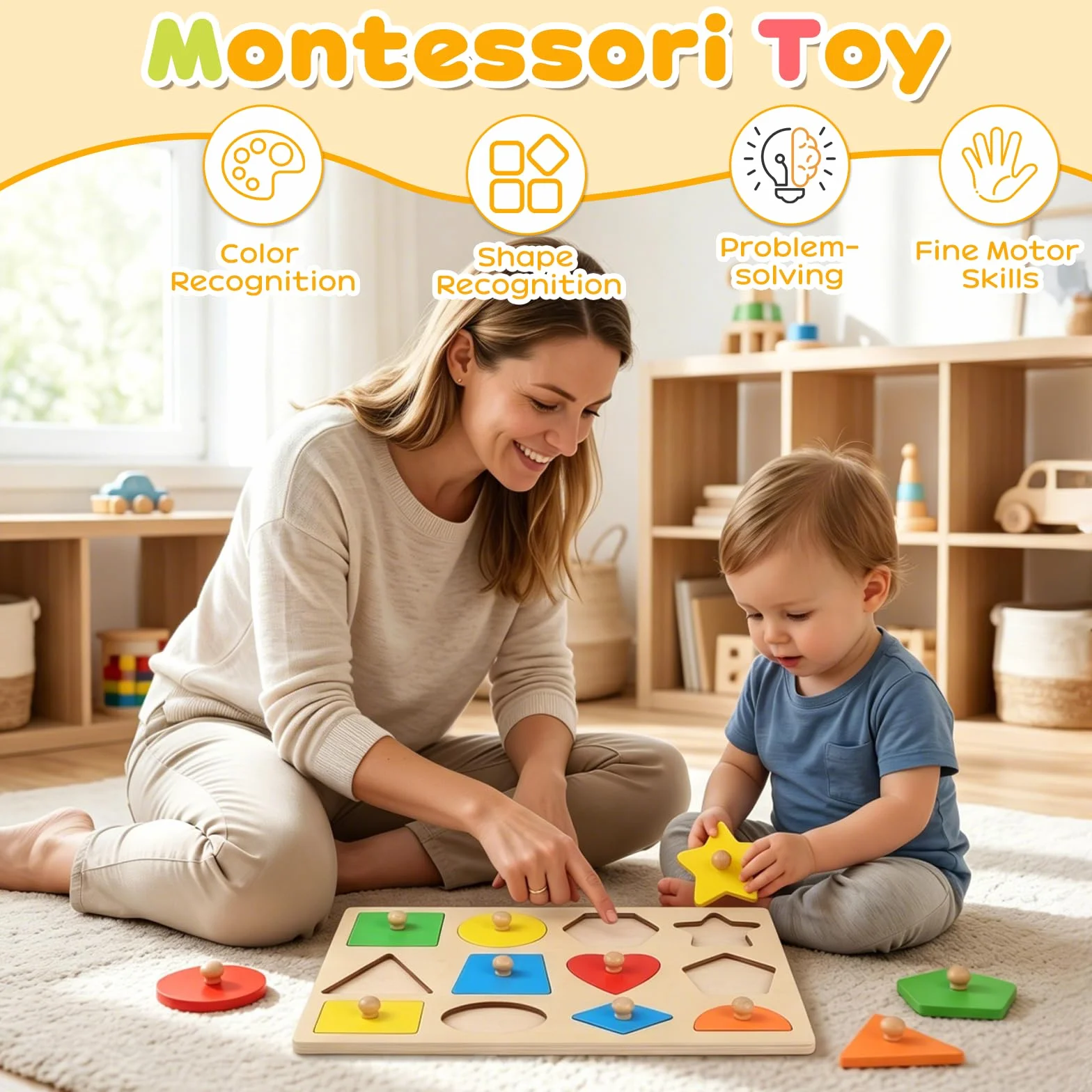 Puzzle en Bois Montessori pour Enfants 1-3 Ans Magnétique Formes à Encastrer Jouet Éducatif