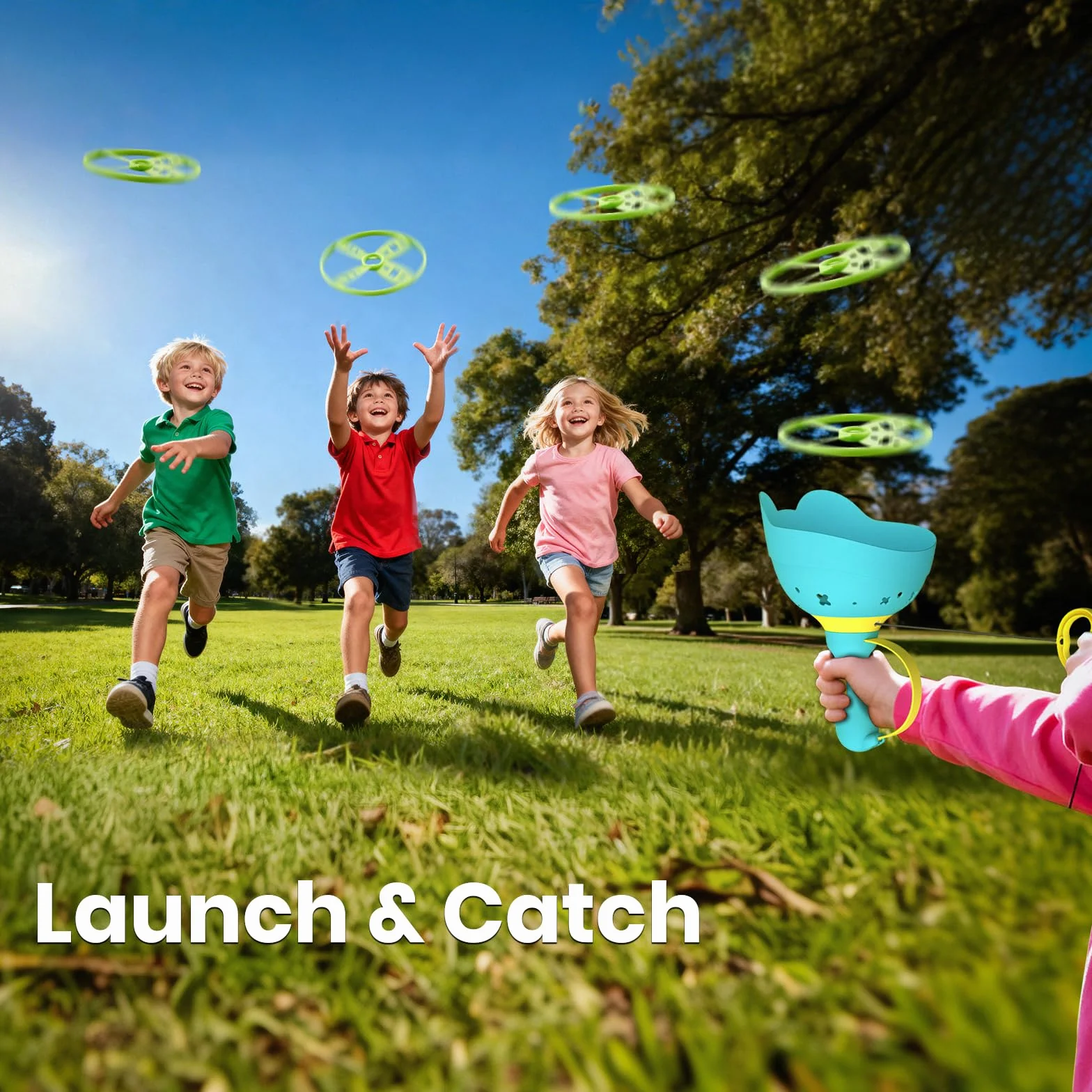 Manual Capture Game mit 12 Scheiben, Flying Disc Launcher Spielzeug, Outdoor-Spielzeug für Kinder 3-12
