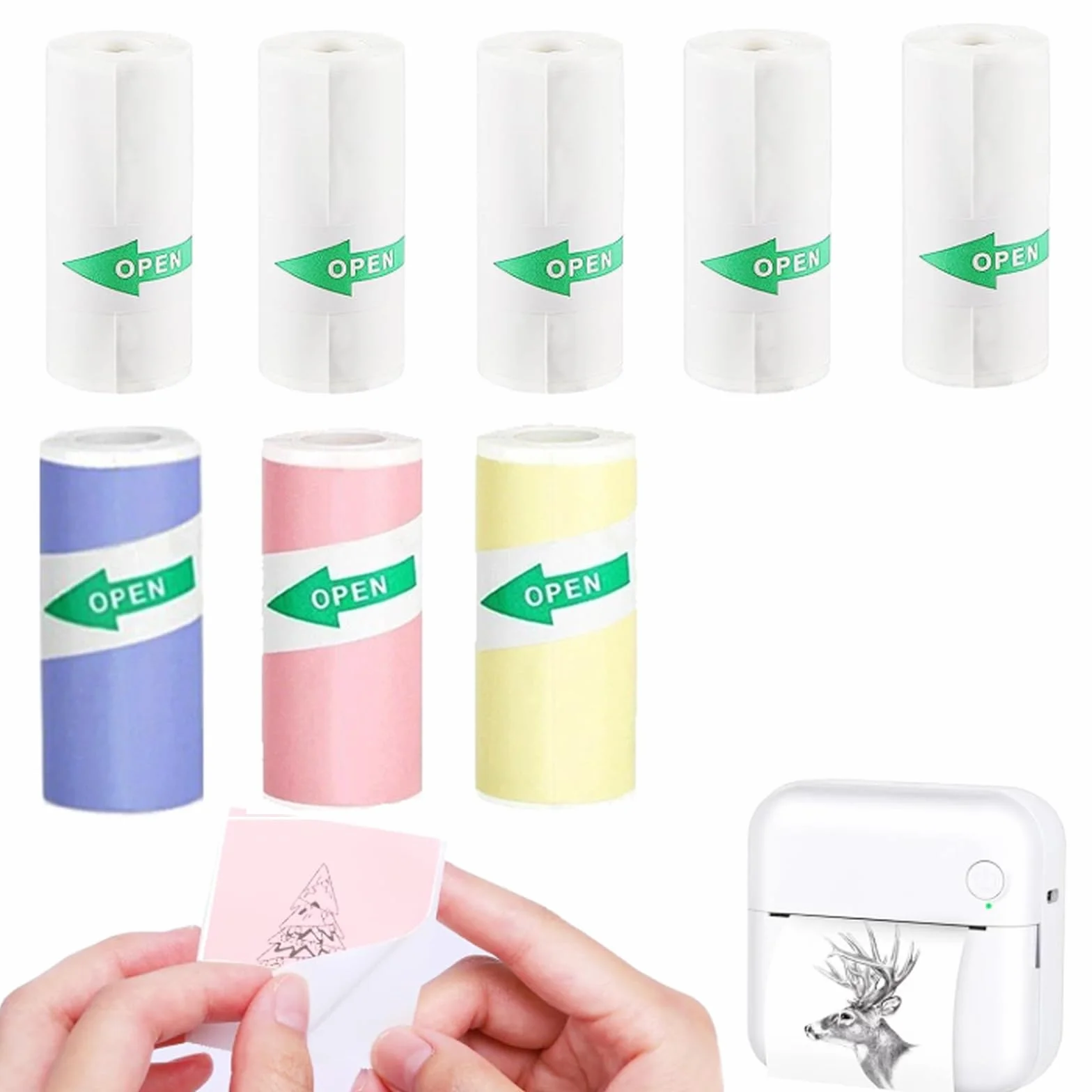 Papier Rouleau Mini Imprimante Thermique 57x25MM 8 Rouleaux 3 Couleur + 5 Blancs