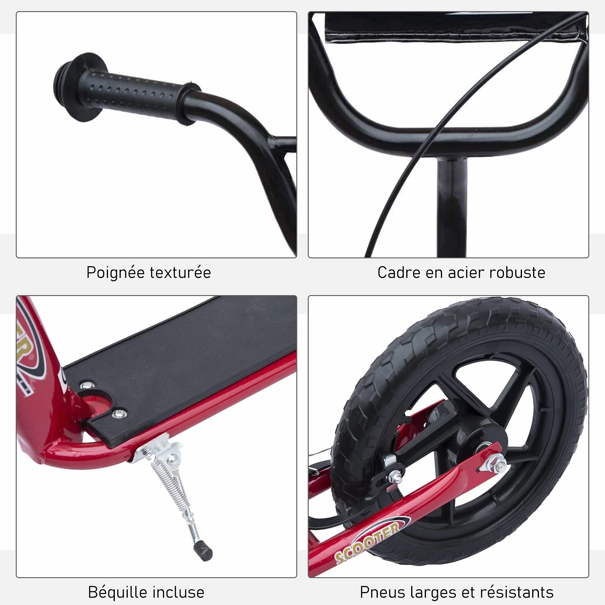 HOMCOM Trottinette Enfant patinette pneus 30 cm Hauteur Guidon réglable Frein béquille Acier 5 Ans