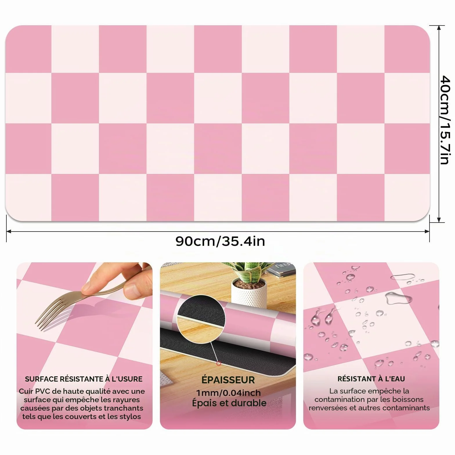 Tapis de Bureau en Cuir Rose Antidérapant Imperméable pour Souris et Clavier