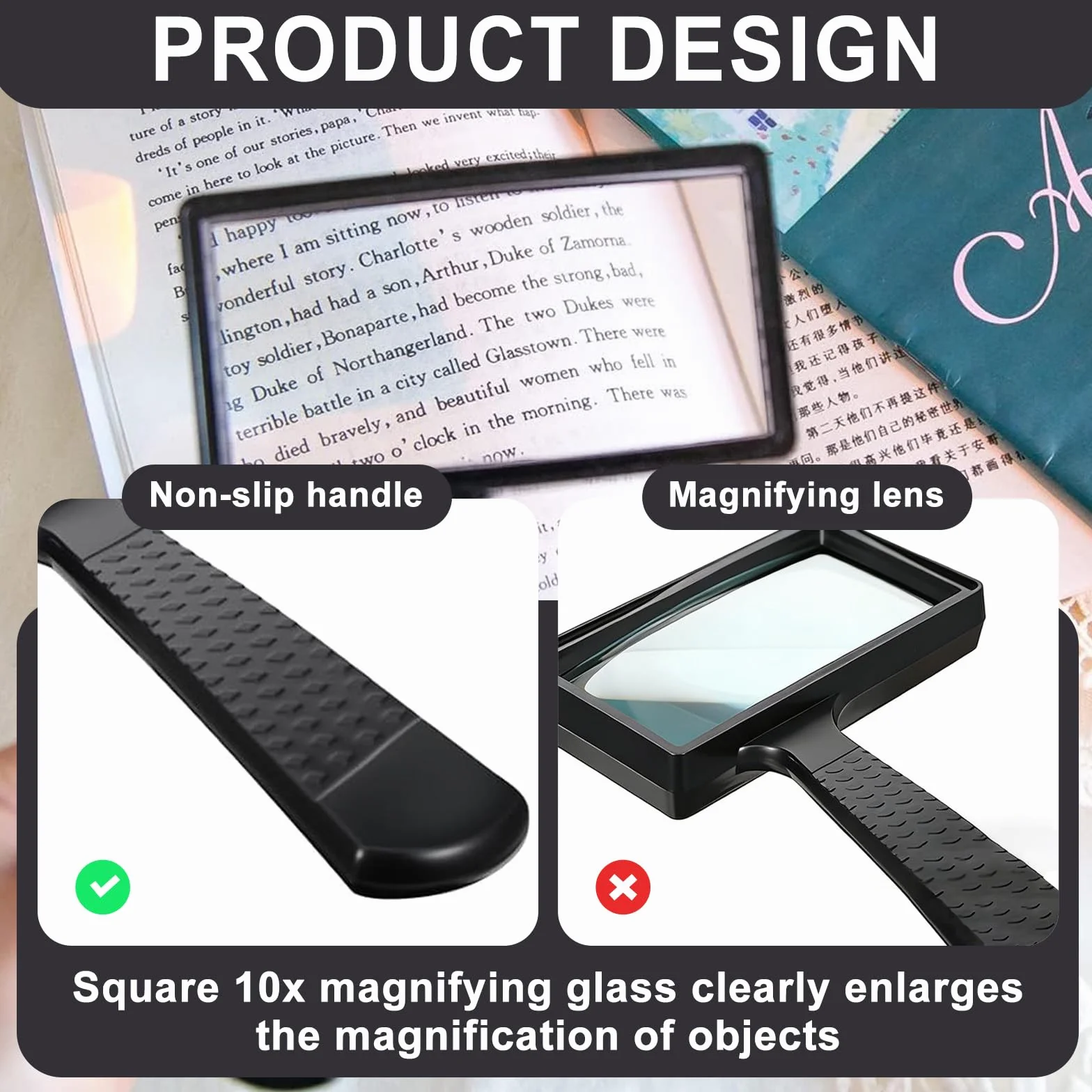 Loupe Lecture 10x Verre Rectangulaire HD 170g Noir pour Seniors