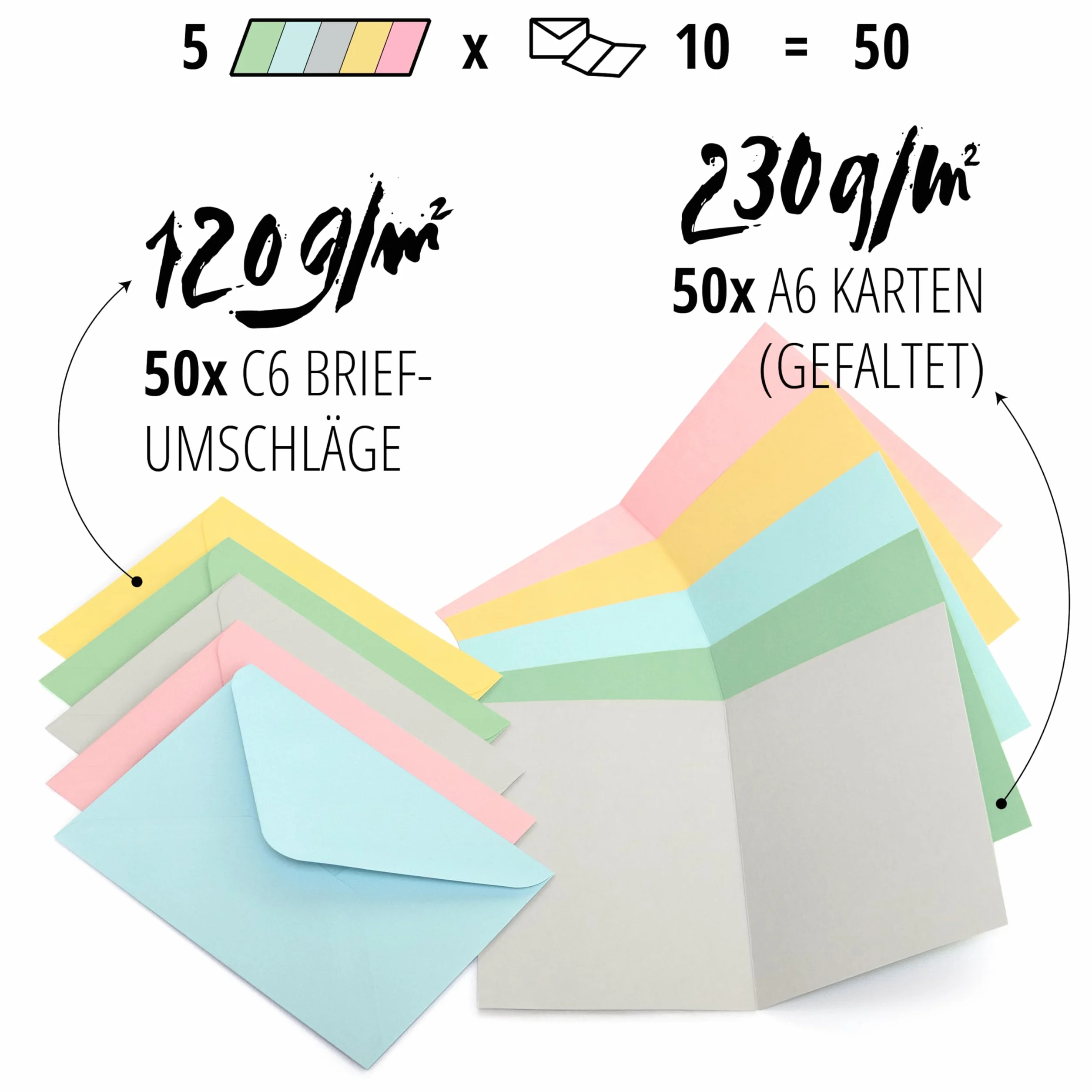 Cartes pliantes vierges DIN A6 C6 pastel - Lot de 50 avec enveloppes