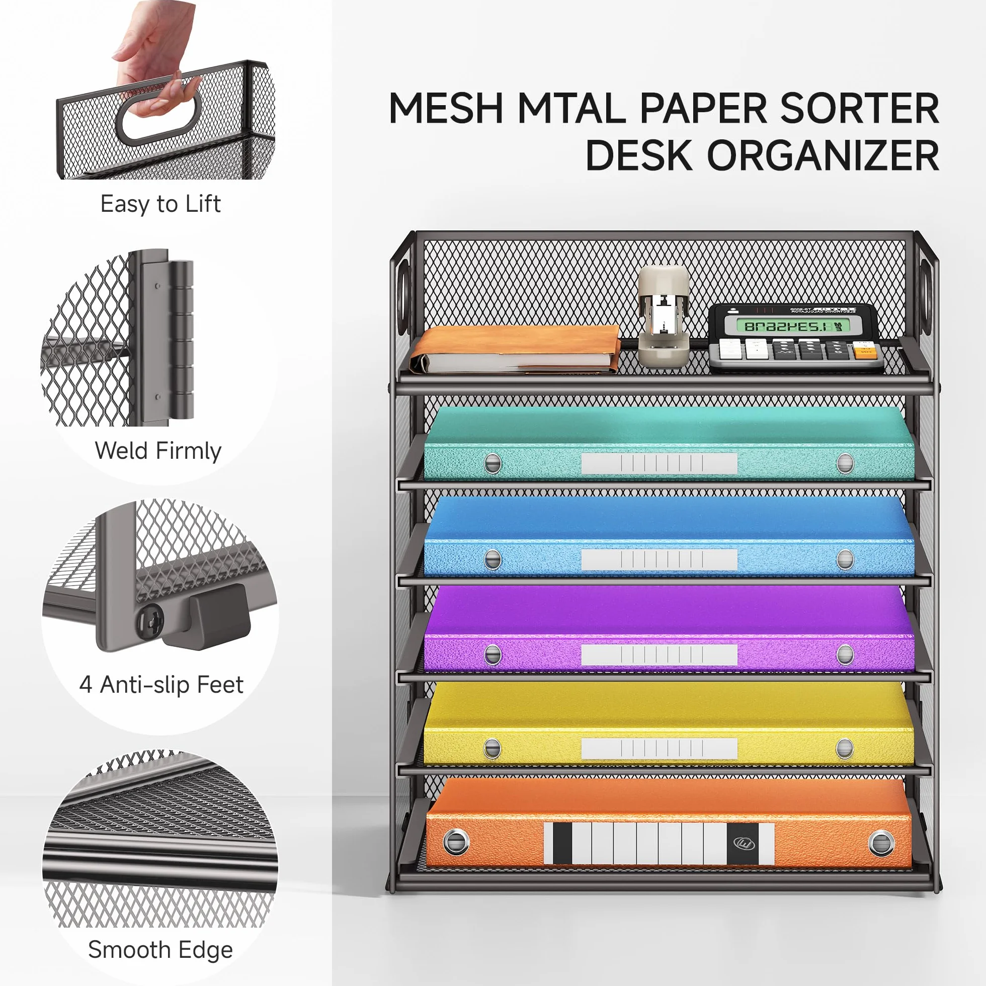 VITVITI 6 Niveaux Organisateur de Bureau Maille Métallique, Rangement de Papier avec Poignée, Noir
