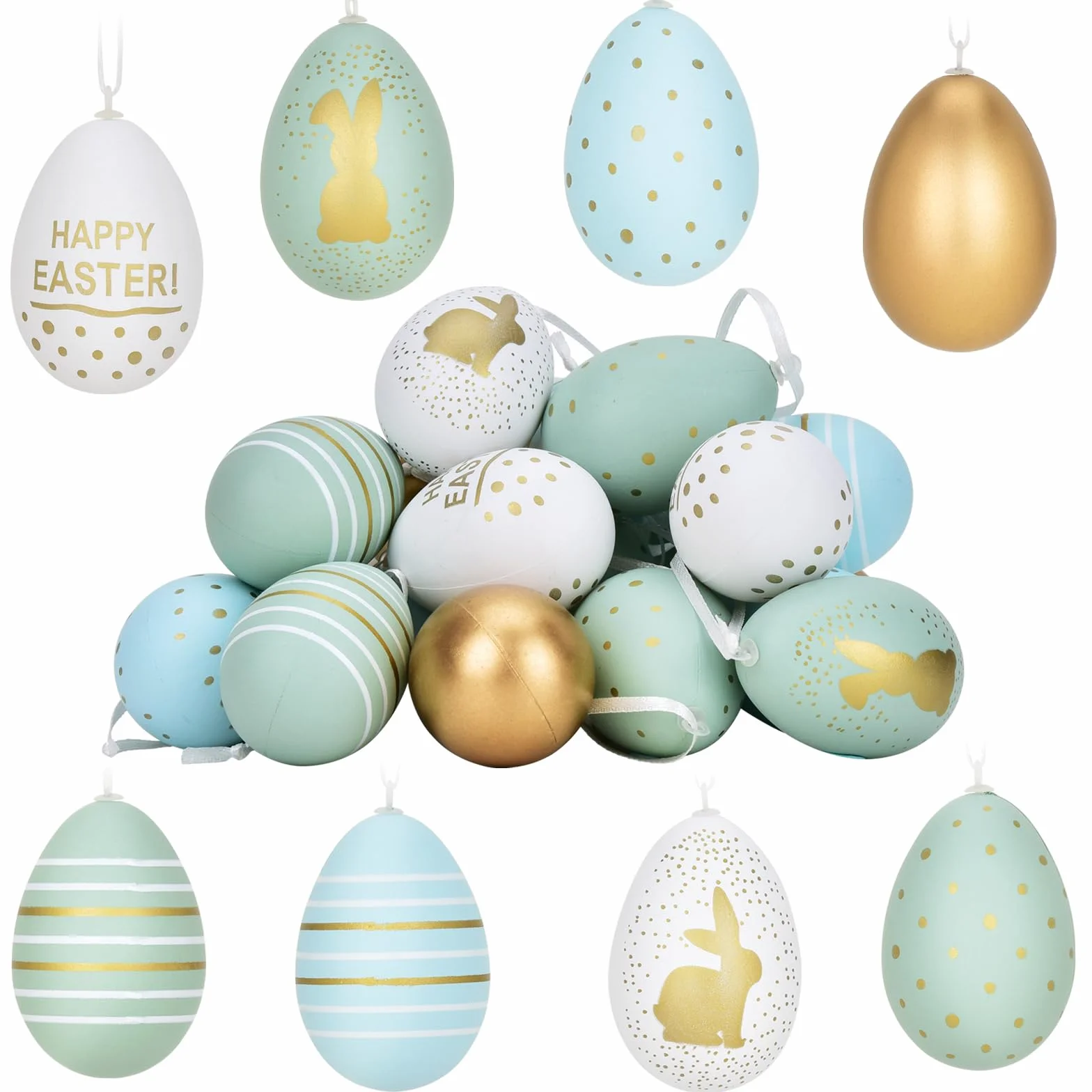Œufs de Pâques en plastique 6 cm x 4 cm Lot de 24, or bleu clair vert clair blanc 7 designs