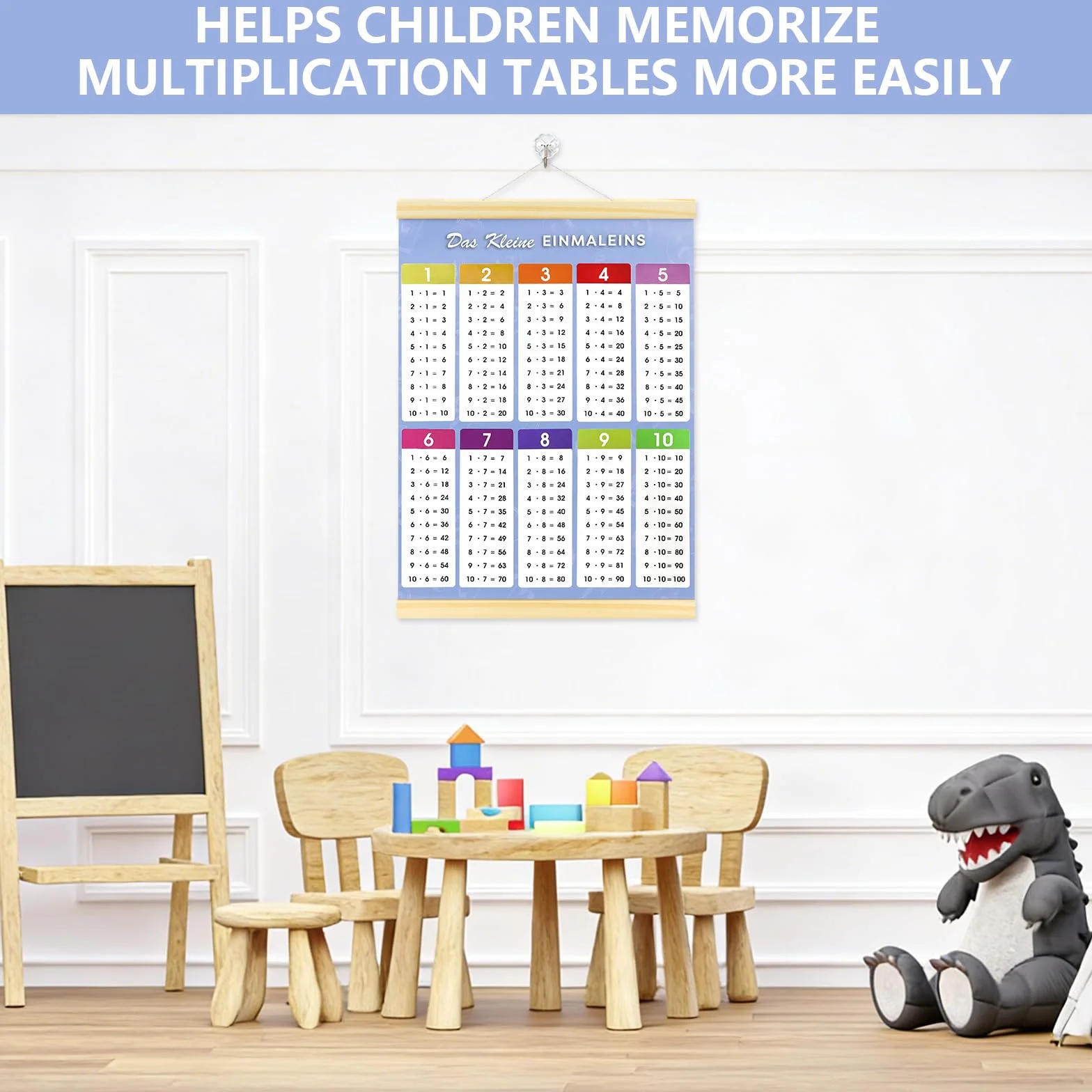 Affiche Éducative Table de Multiplication 1x1 jusqu'à 100 44x30 cm Imperméable avec Bagettes Bois