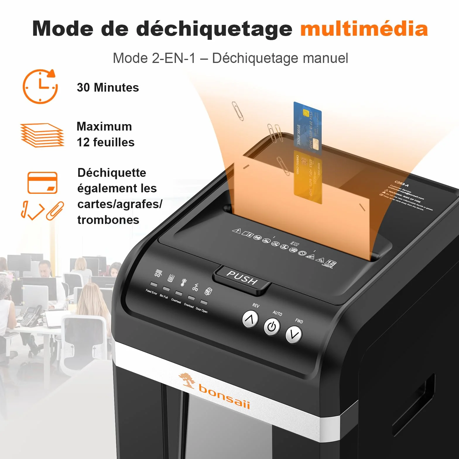Bonsaii Destructeur de Documents Auto Feed 200 Feuilles, Micro-Coupe P-4, Bac 31L, Silencieux
